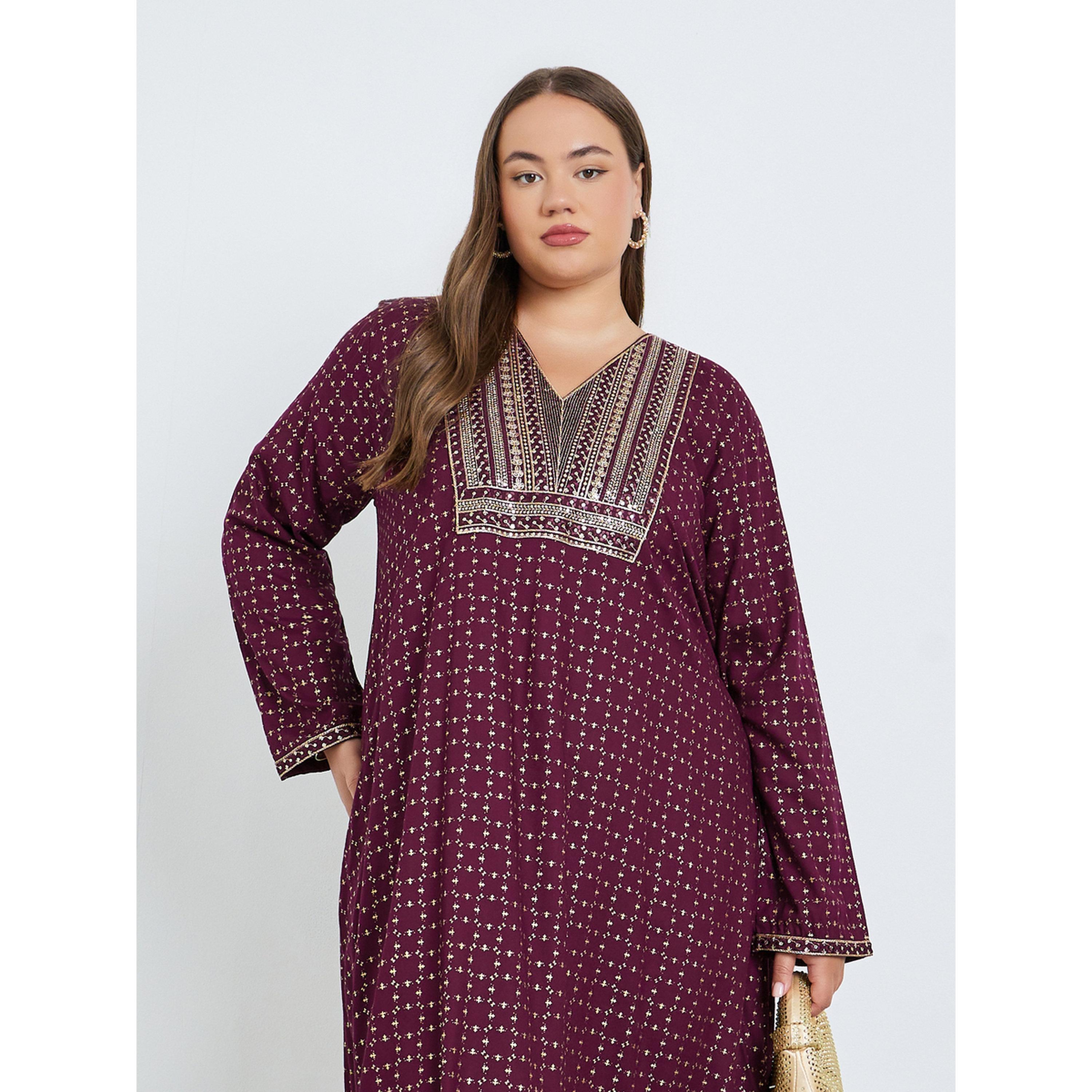 Styli Plus Size Maroon Embroidered Jalabiya-women-arabicclothing-jalabiyas-image-2