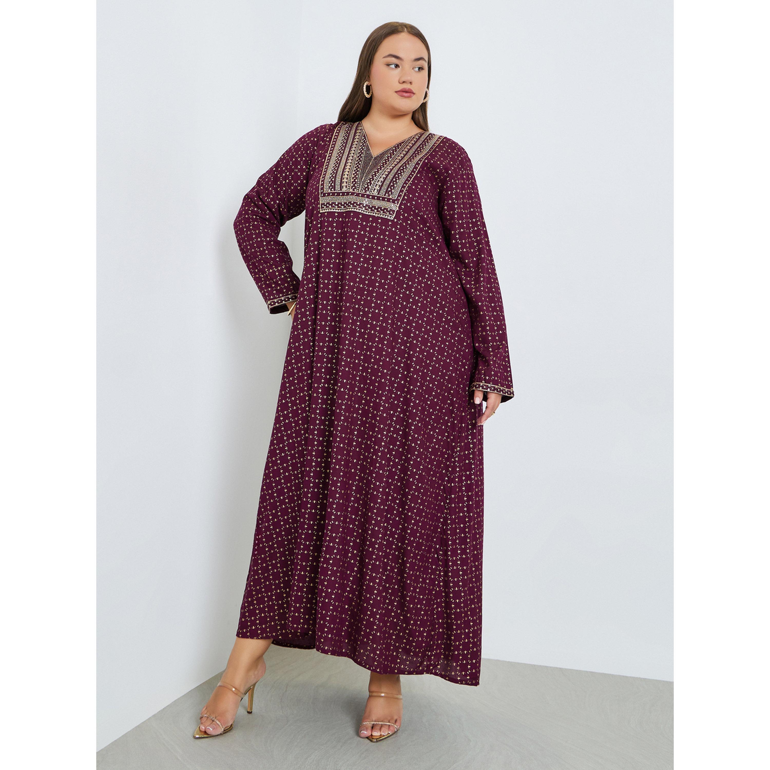 Styli Plus Size Maroon Embroidered Jalabiya-women-arabicclothing-jalabiyas-image-3