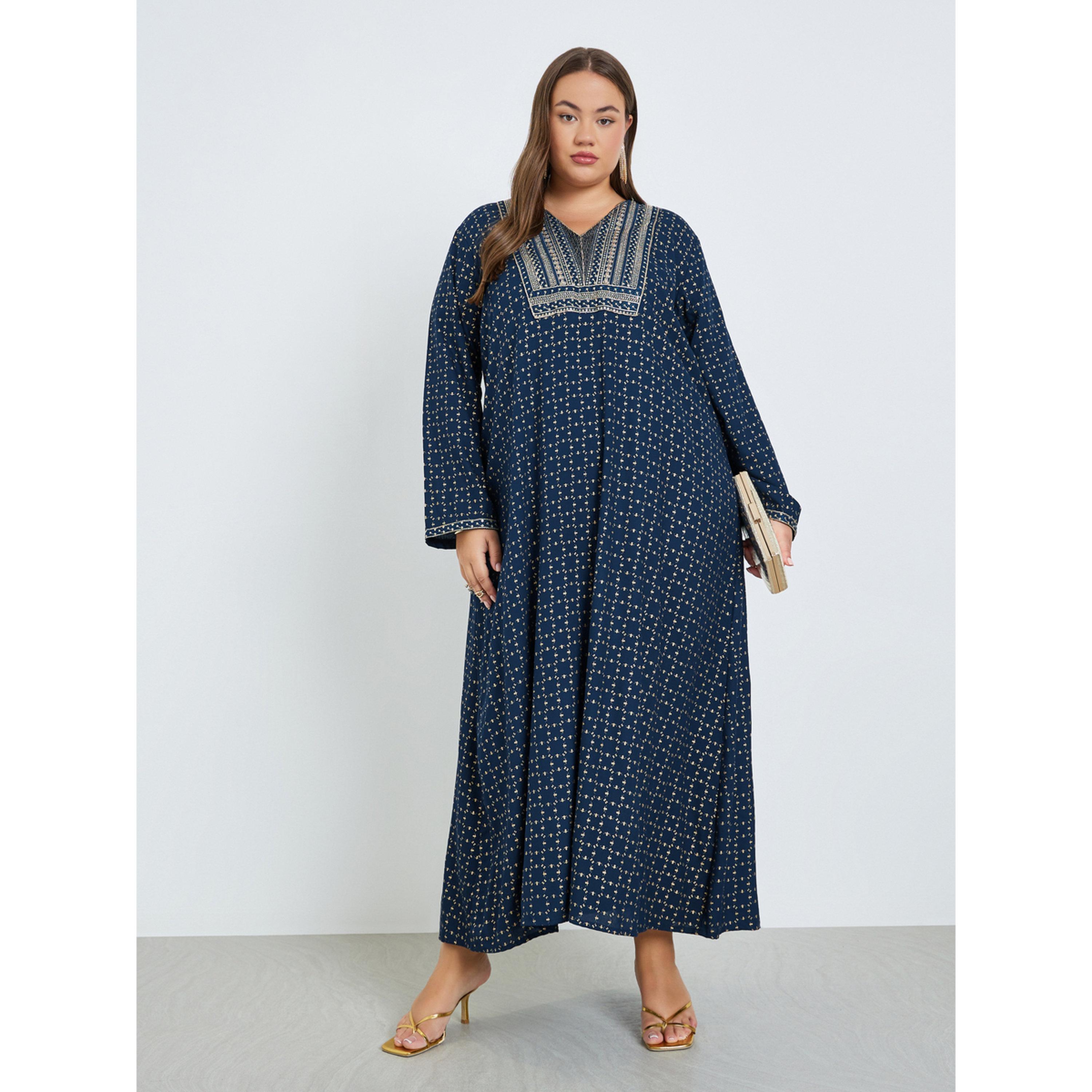 Styli Plus Size Navy Blue Embroidered Jalabiya-women-arabicclothing-jalabiyas-image-1