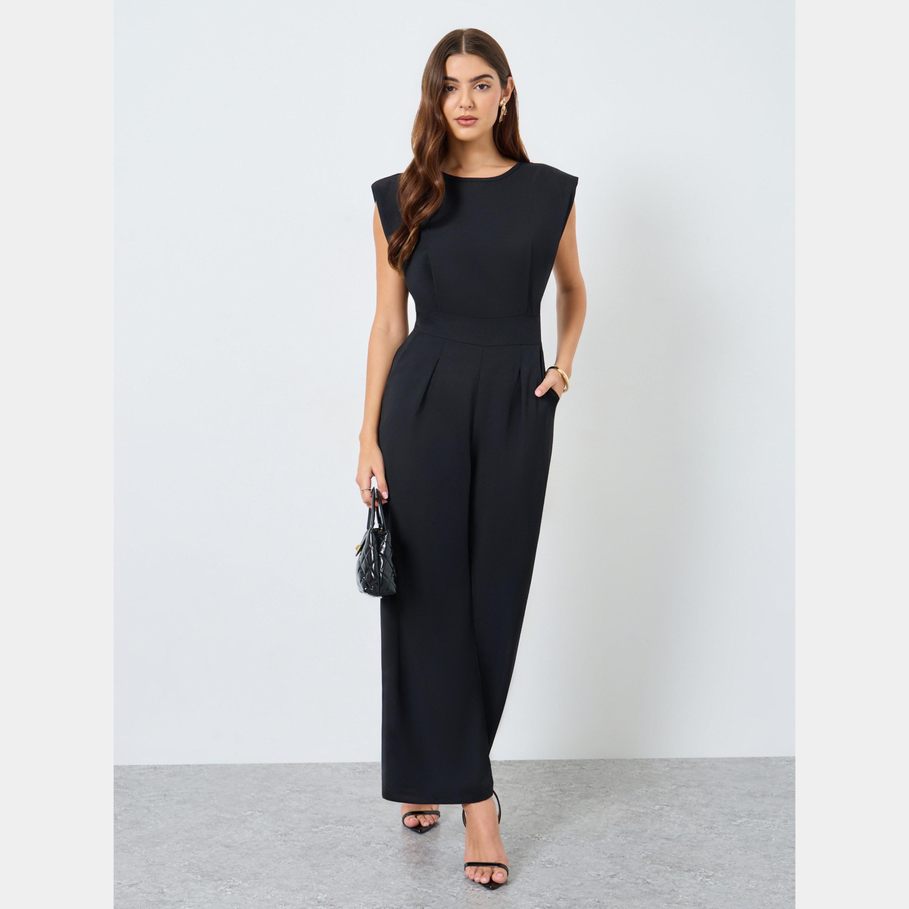 تيك تو - جمبسوت نسائي سادة ضيق الخصر ورقبة دائرية وأكمام واسعة-women-clothing-jumpsuits-image-1