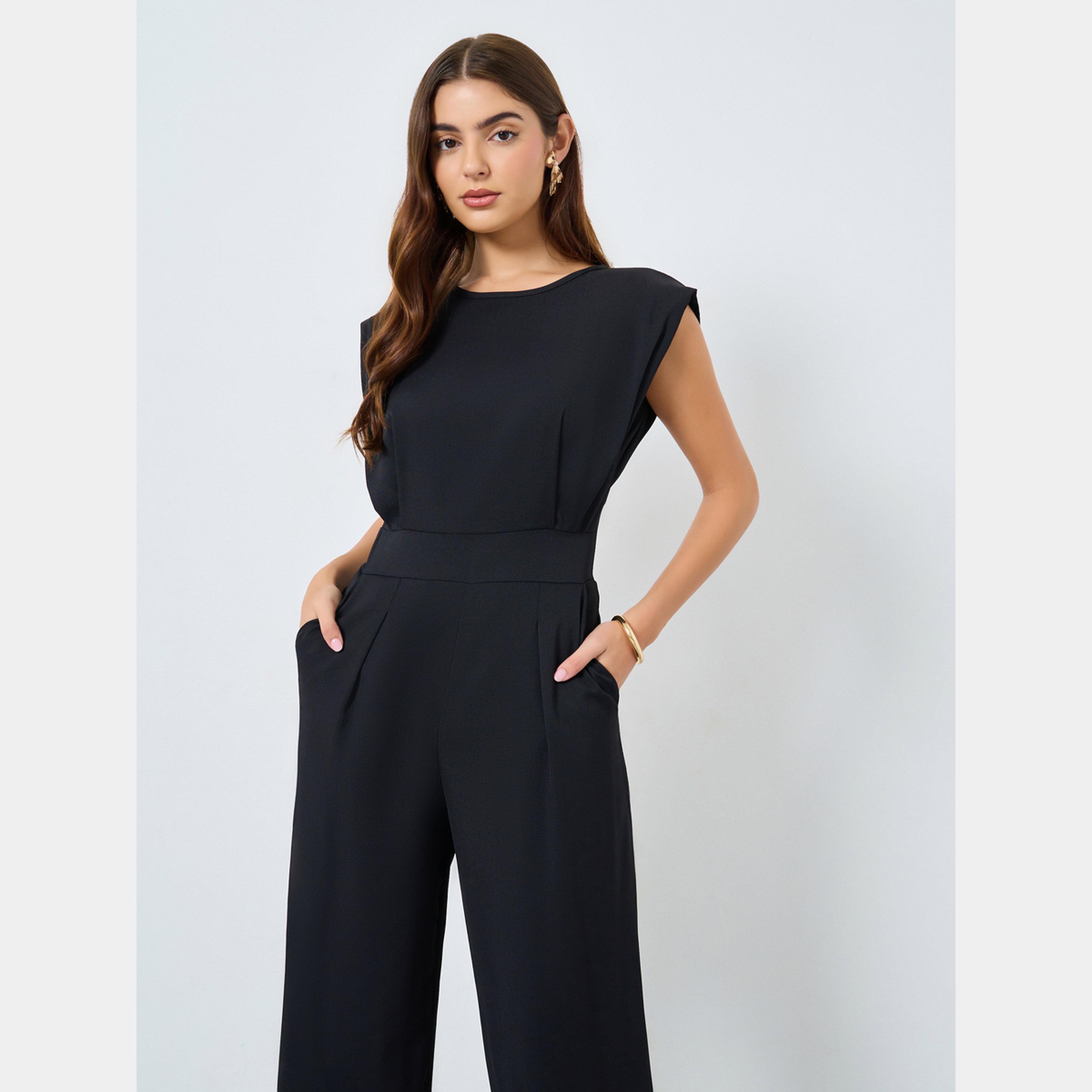 تيك تو - جمبسوت نسائي سادة ضيق الخصر ورقبة دائرية وأكمام واسعة-women-clothing-jumpsuits-image-2