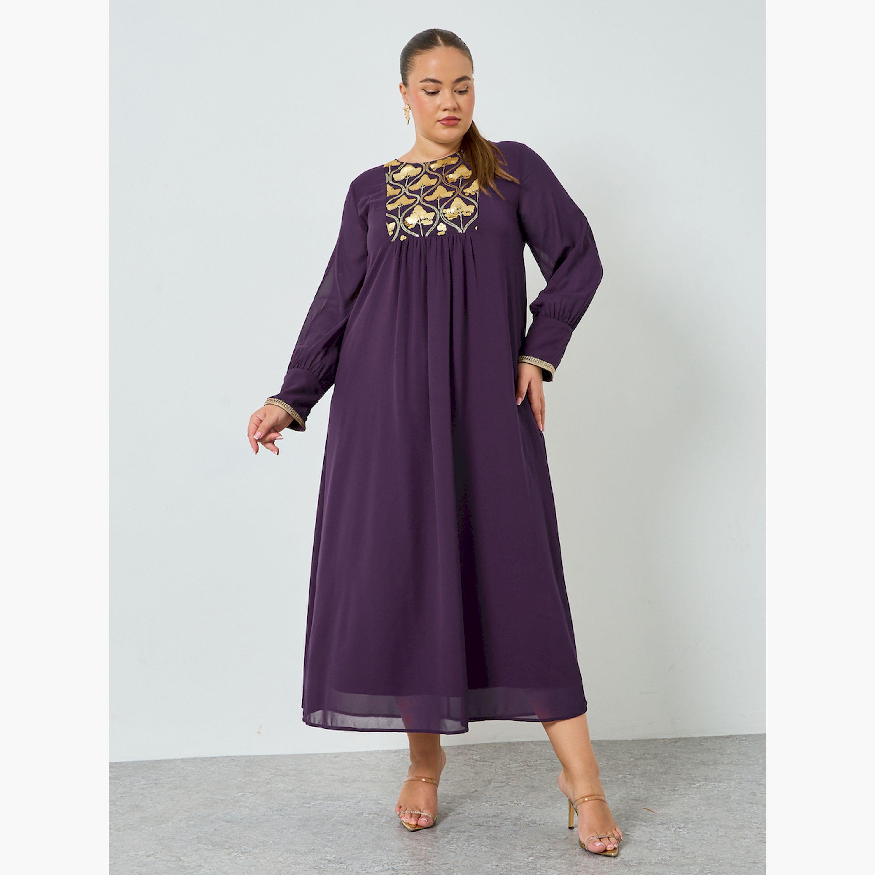 Styli Plus Size Purple Embroidered Chiffon Jalabiya-women-arabicclothing-jalabiyas-image-1