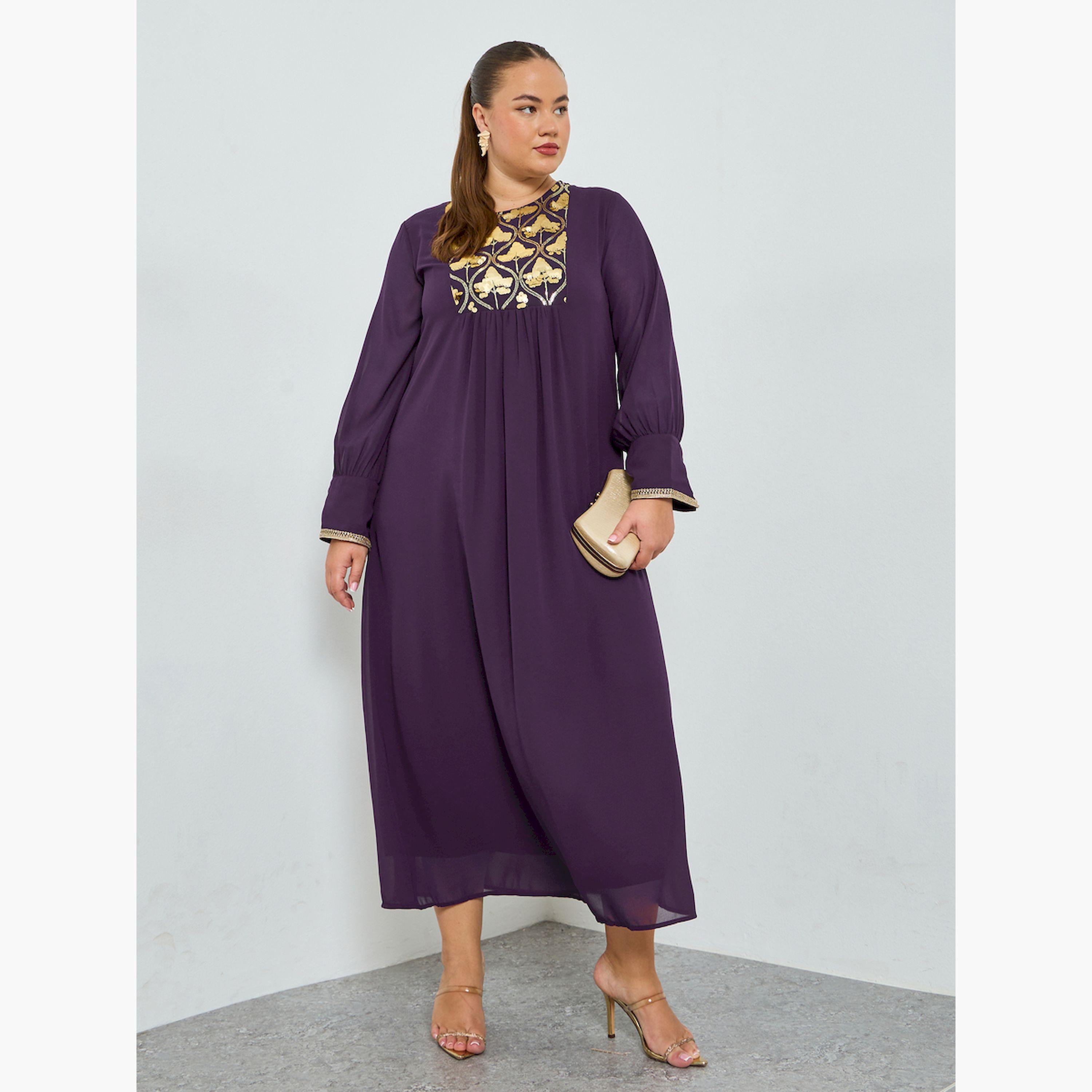 Styli Plus Size Purple Embroidered Chiffon Jalabiya-women-arabicclothing-jalabiyas-image-3