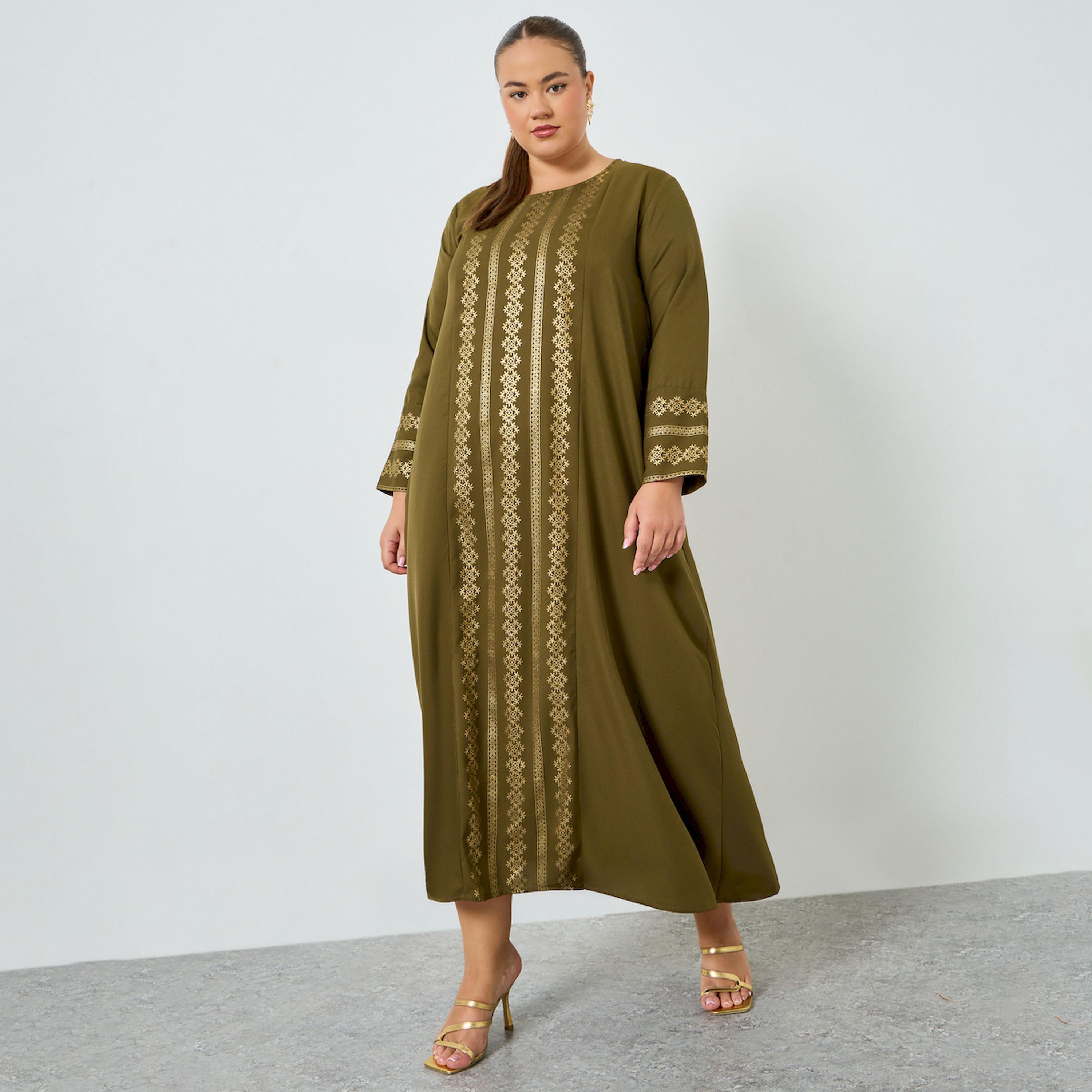 جلابية مقاس كبير بطبعة فويل وحافة واسعة-women-arabicclothing-jalabiyas-image-1