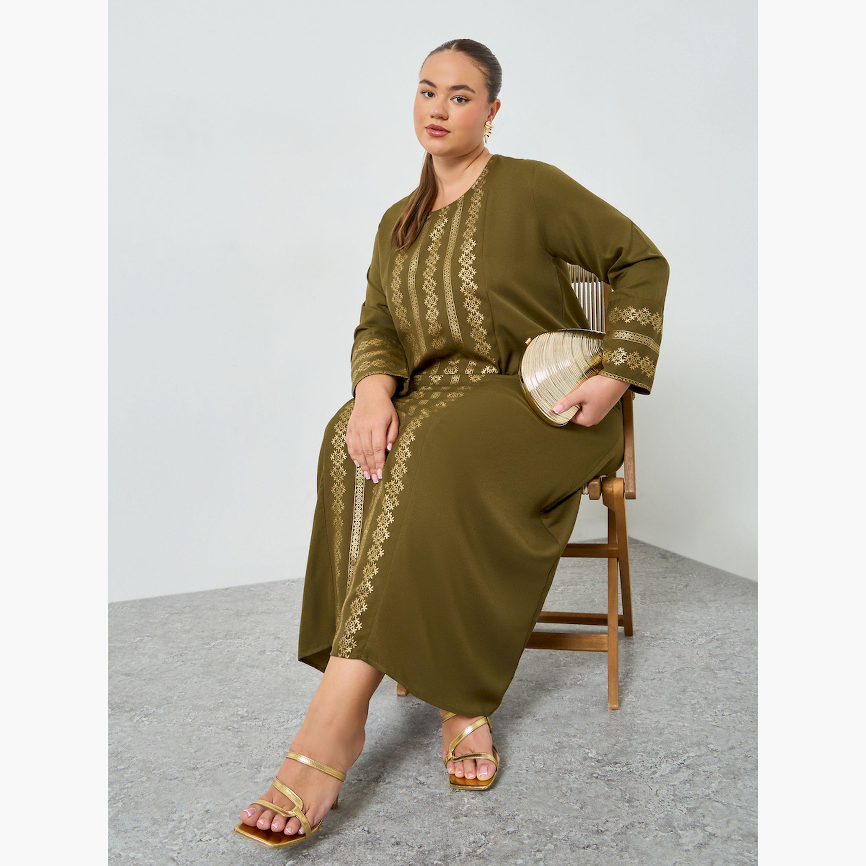 Styli Plus Size Olive Foil Printed A-Line Jalabiya-women-arabicclothing-jalabiyas-image-2