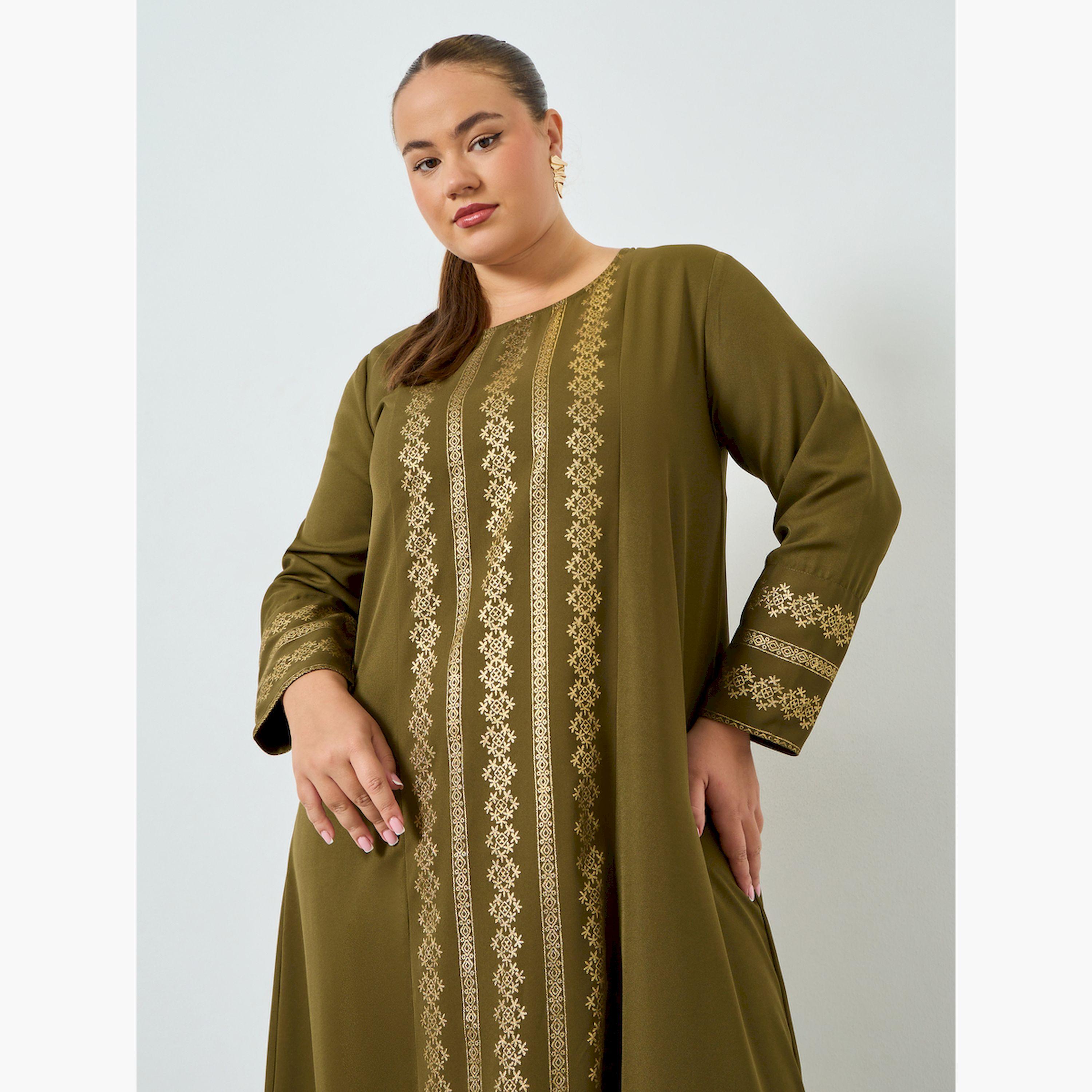 جلابية مقاس كبير بطبعة فويل وحافة واسعة-women-arabicclothing-jalabiyas-image-3