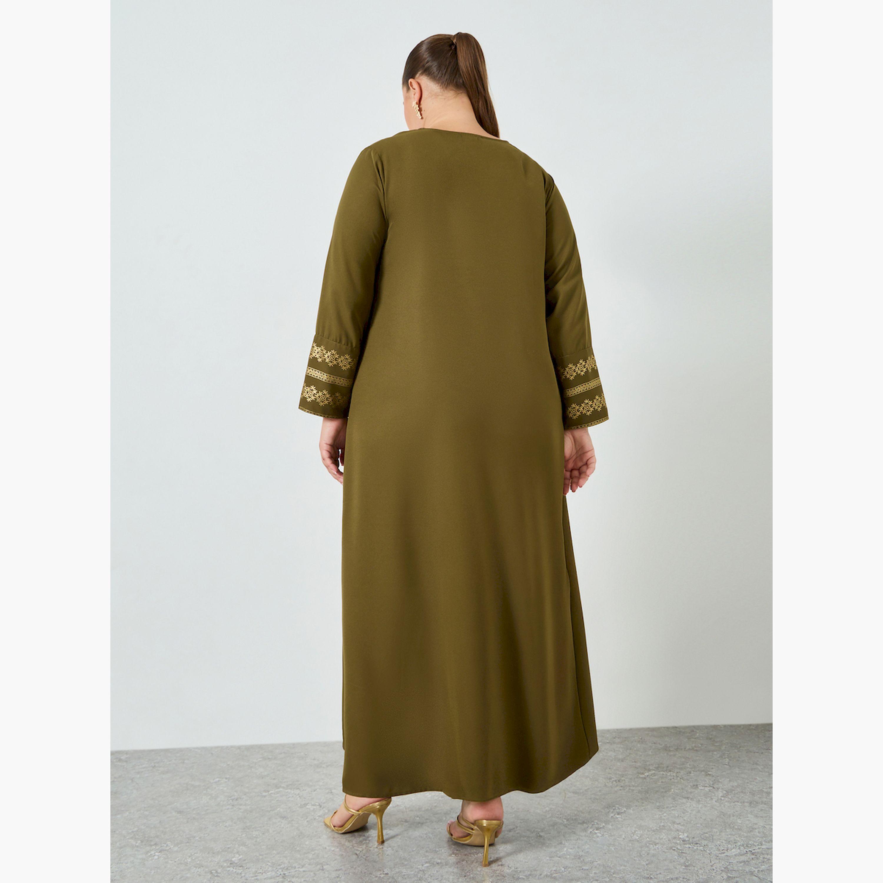Styli Plus Size Olive Foil Printed A-Line Jalabiya-women-arabicclothing-jalabiyas-image-4
