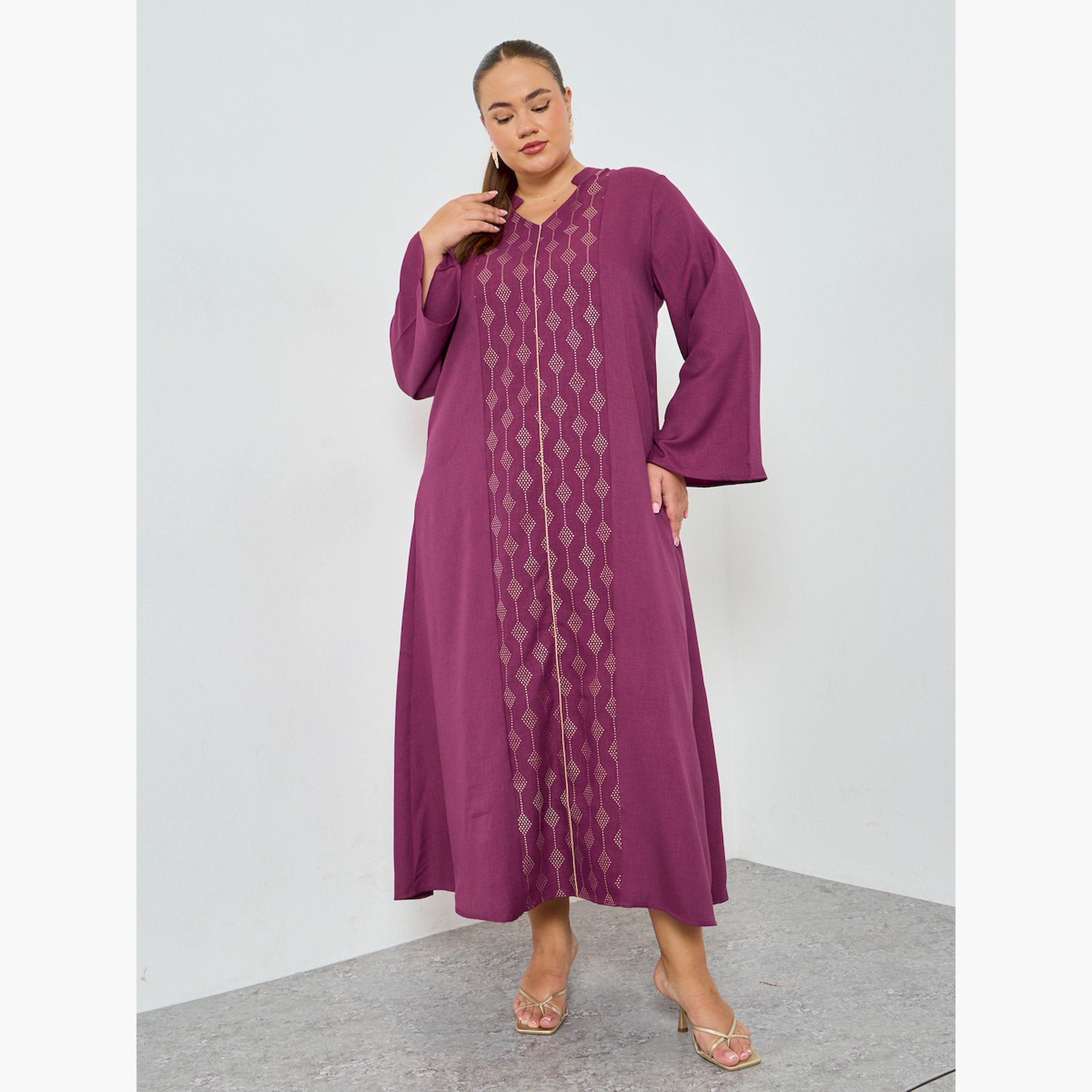 جلابية بحافة واسعة ومزينة بمقاس كبير-women-arabicclothing-jalabiyas-image-1
