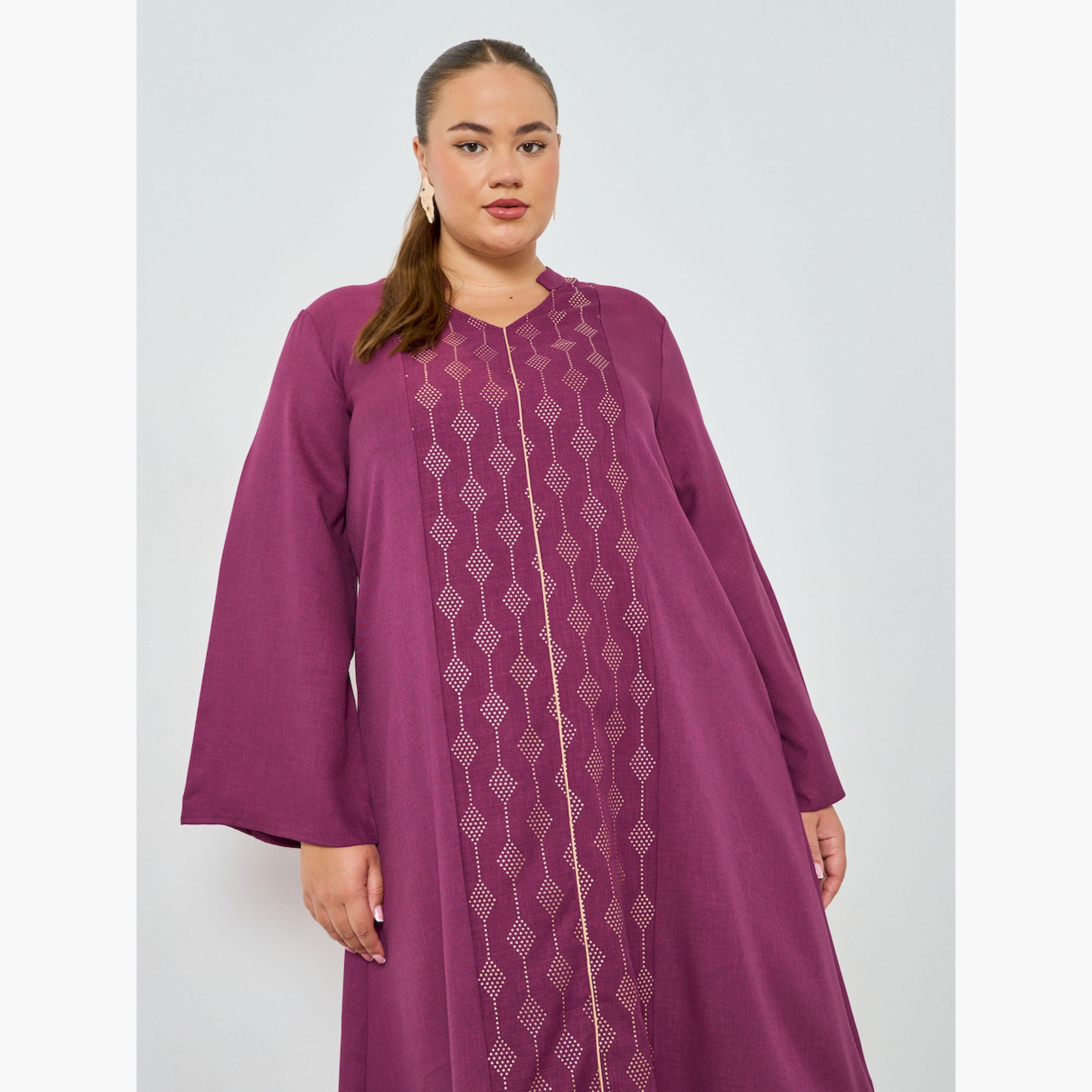 Styli Plus Size Burgundy Embellished A-Line Jalabiya-women-arabicclothing-jalabiyas-image-2