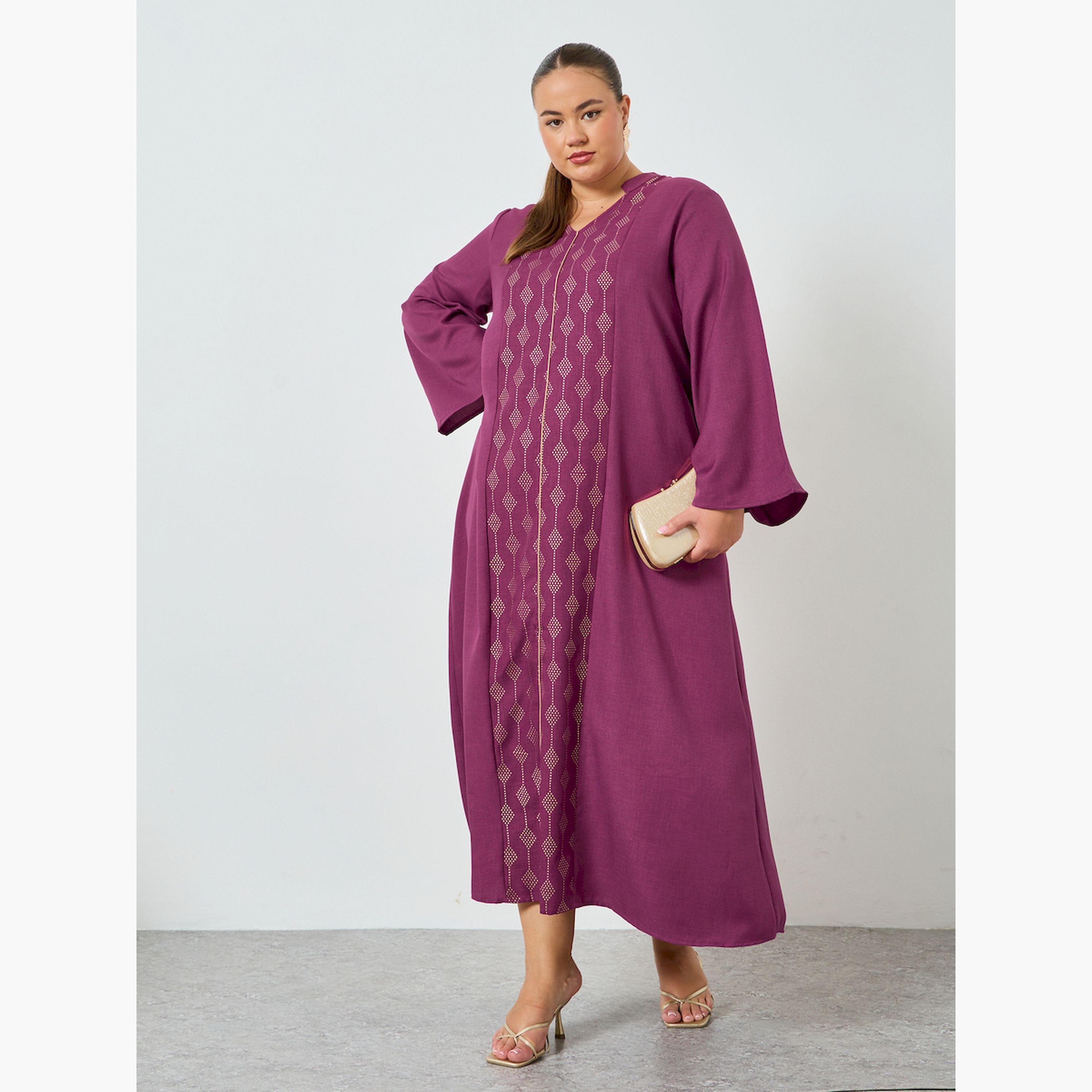 Styli Plus Size Burgundy Embellished A-Line Jalabiya-women-arabicclothing-jalabiyas-image-3
