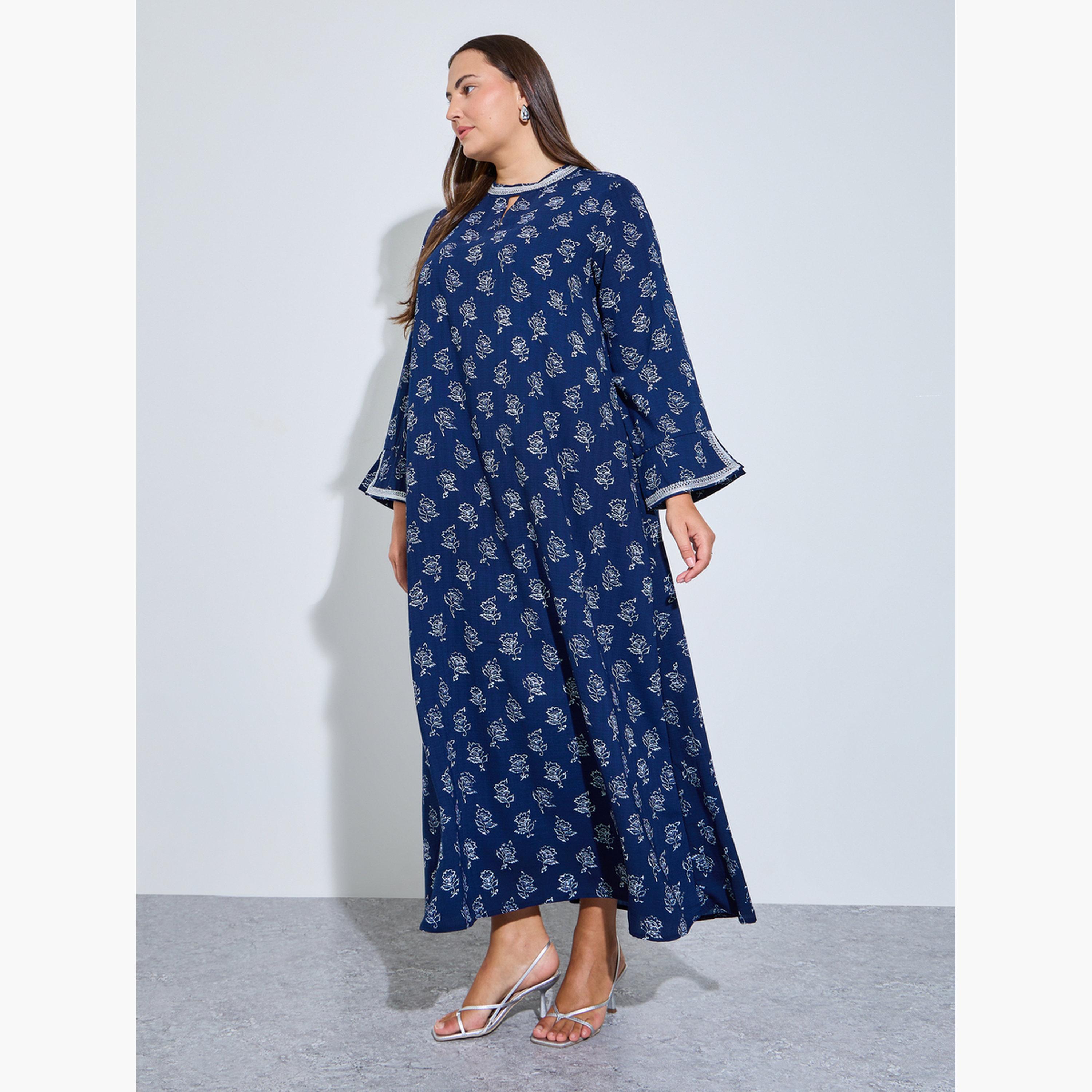 Amirah X Styli Navy Blue All Over Floral Print Lace Trims Maxi Jalabiya-women-arabicclothing-sets-image-3