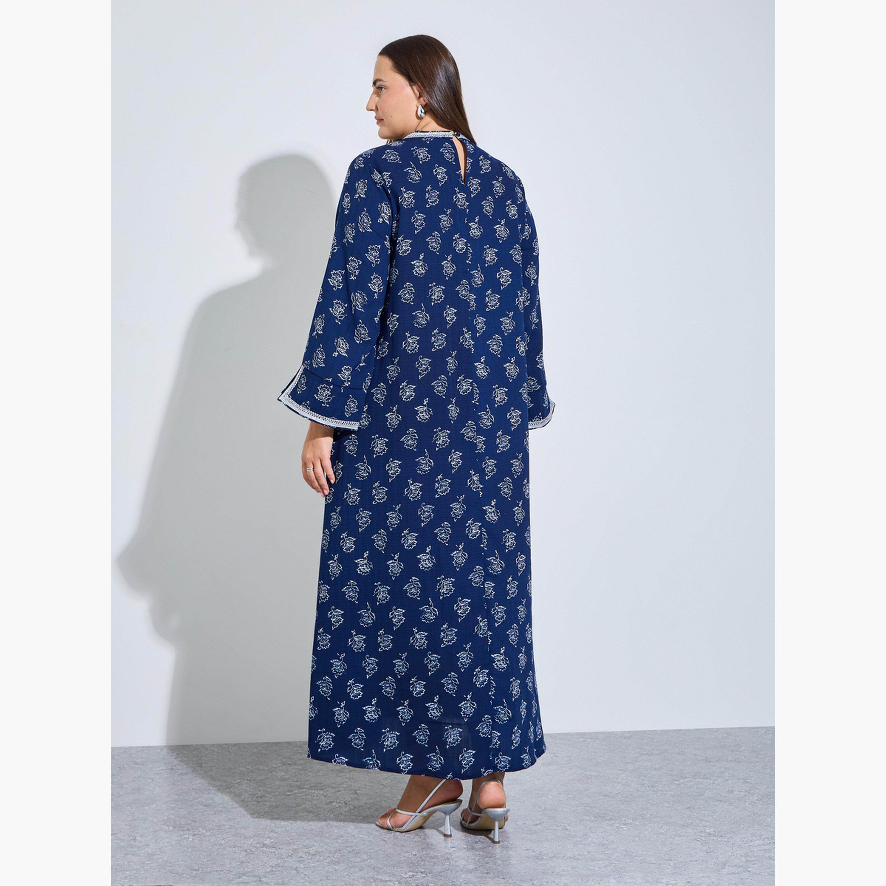 Amirah X Styli Navy Blue All Over Floral Print Lace Trims Maxi Jalabiya-women-arabicclothing-sets-image-4