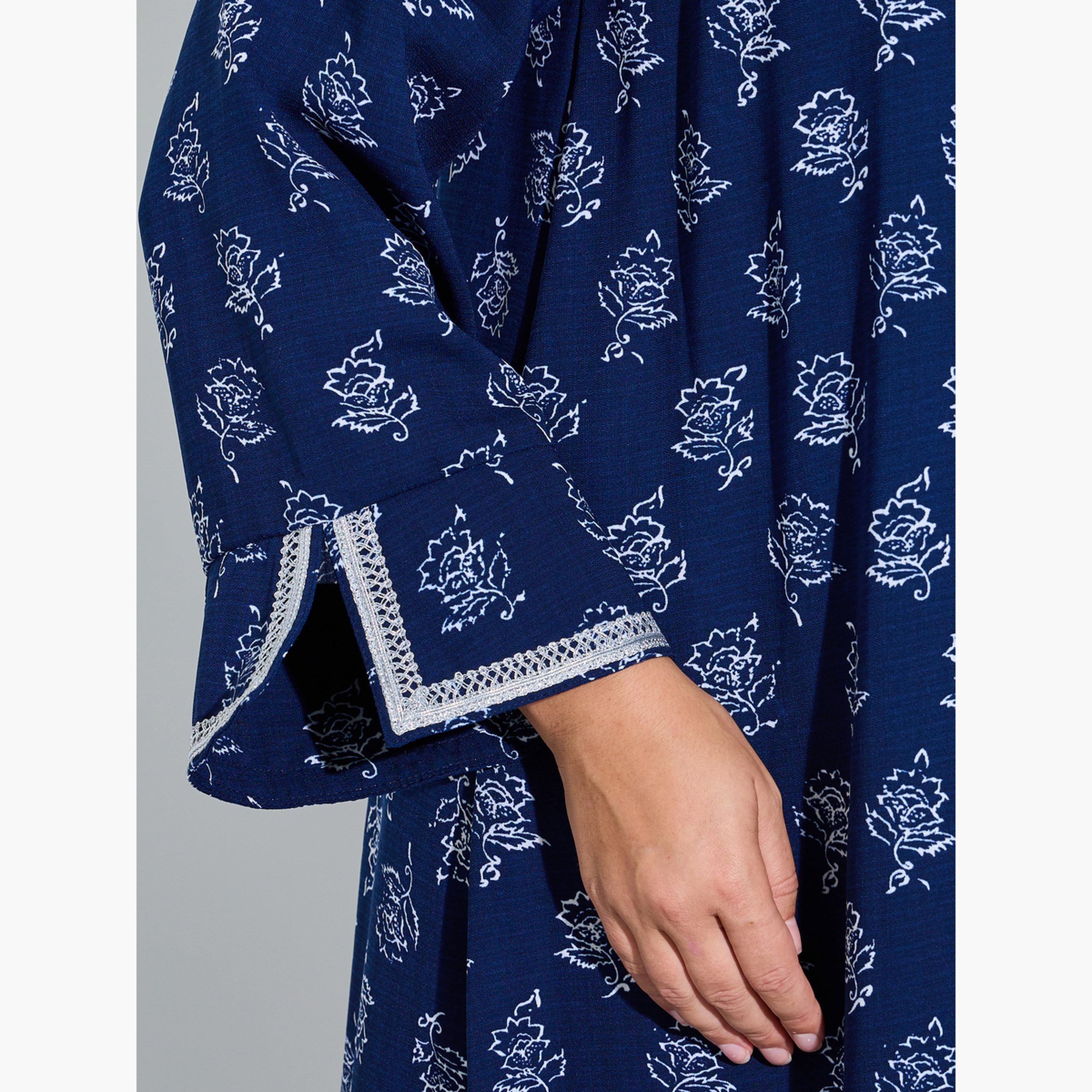 Amirah X Styli Navy Blue All Over Floral Print Lace Trims Maxi Jalabiya-women-arabicclothing-sets-image-5