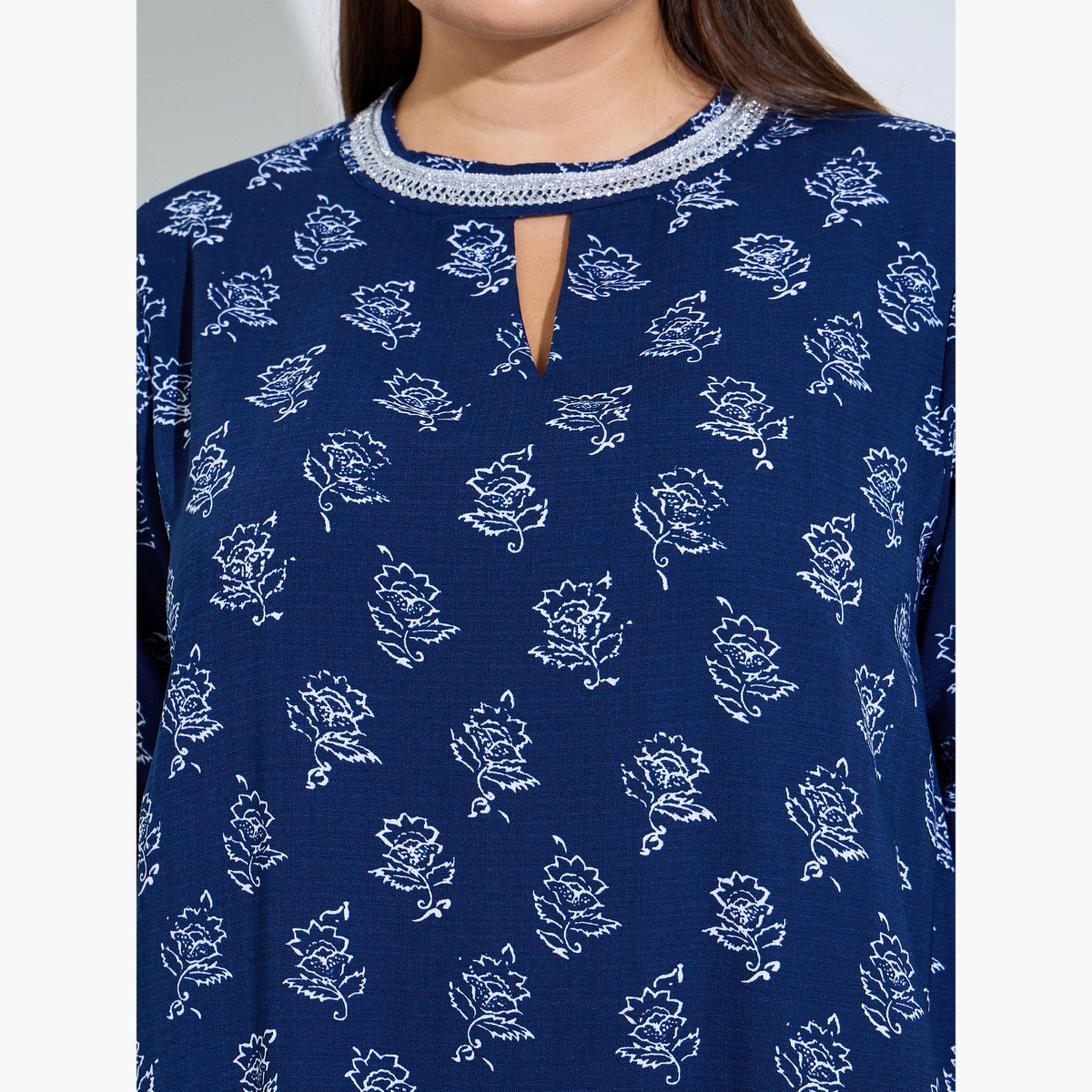 Amirah X Styli Navy Blue All Over Floral Print Lace Trims Maxi Jalabiya-women-arabicclothing-sets-image-6