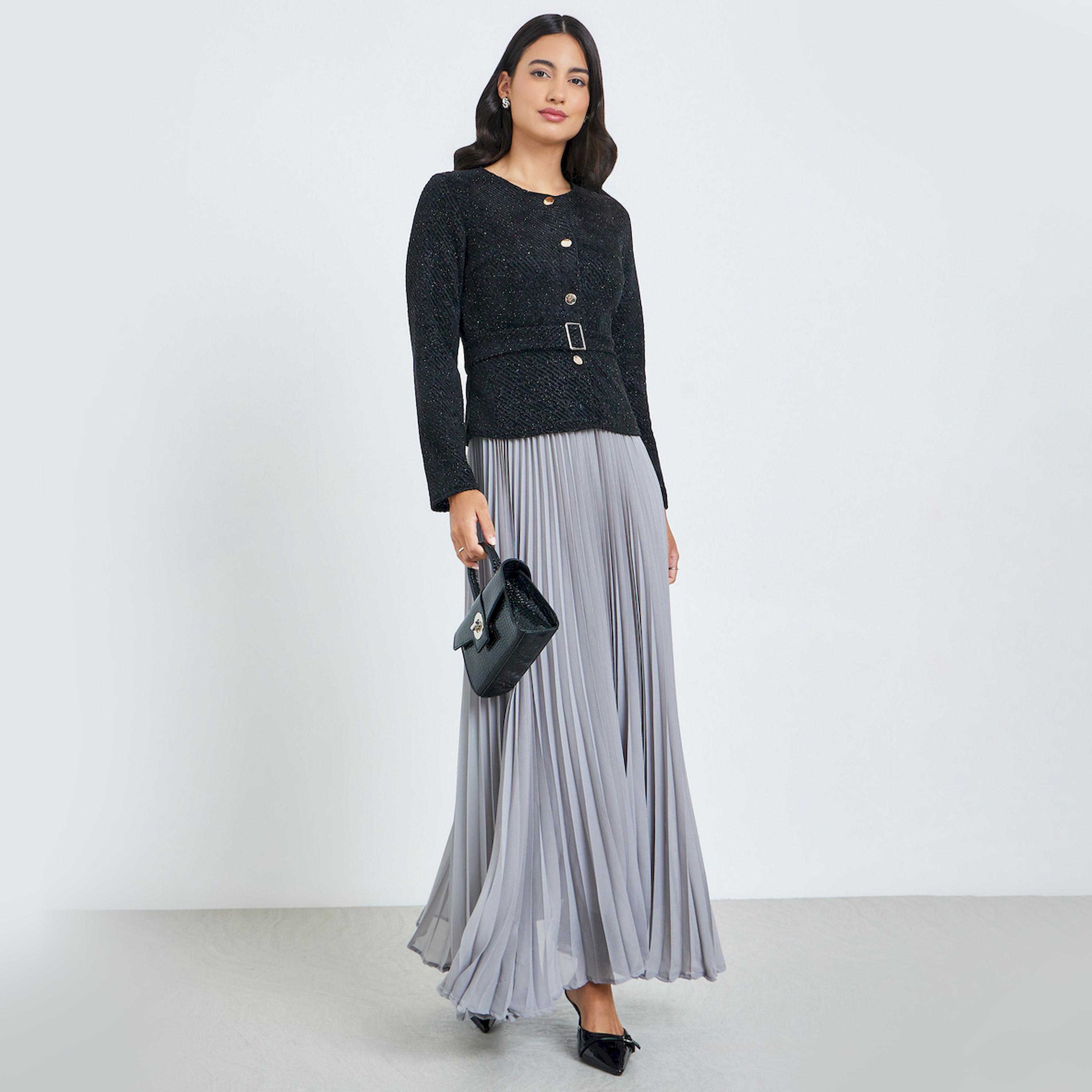 فستان طويل بحافة واسعة وكسرات مع حزام-women-clothing-dresses-image-1