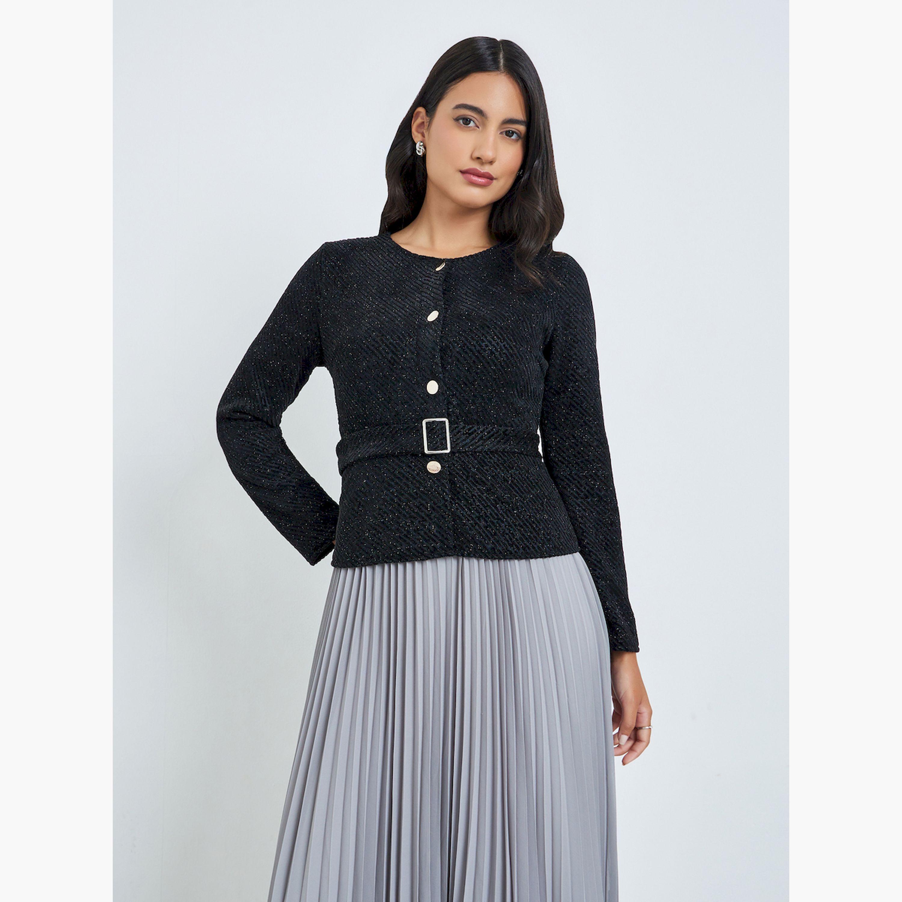 فستان طويل بحافة واسعة وكسرات مع حزام-women-clothing-dresses-image-2
