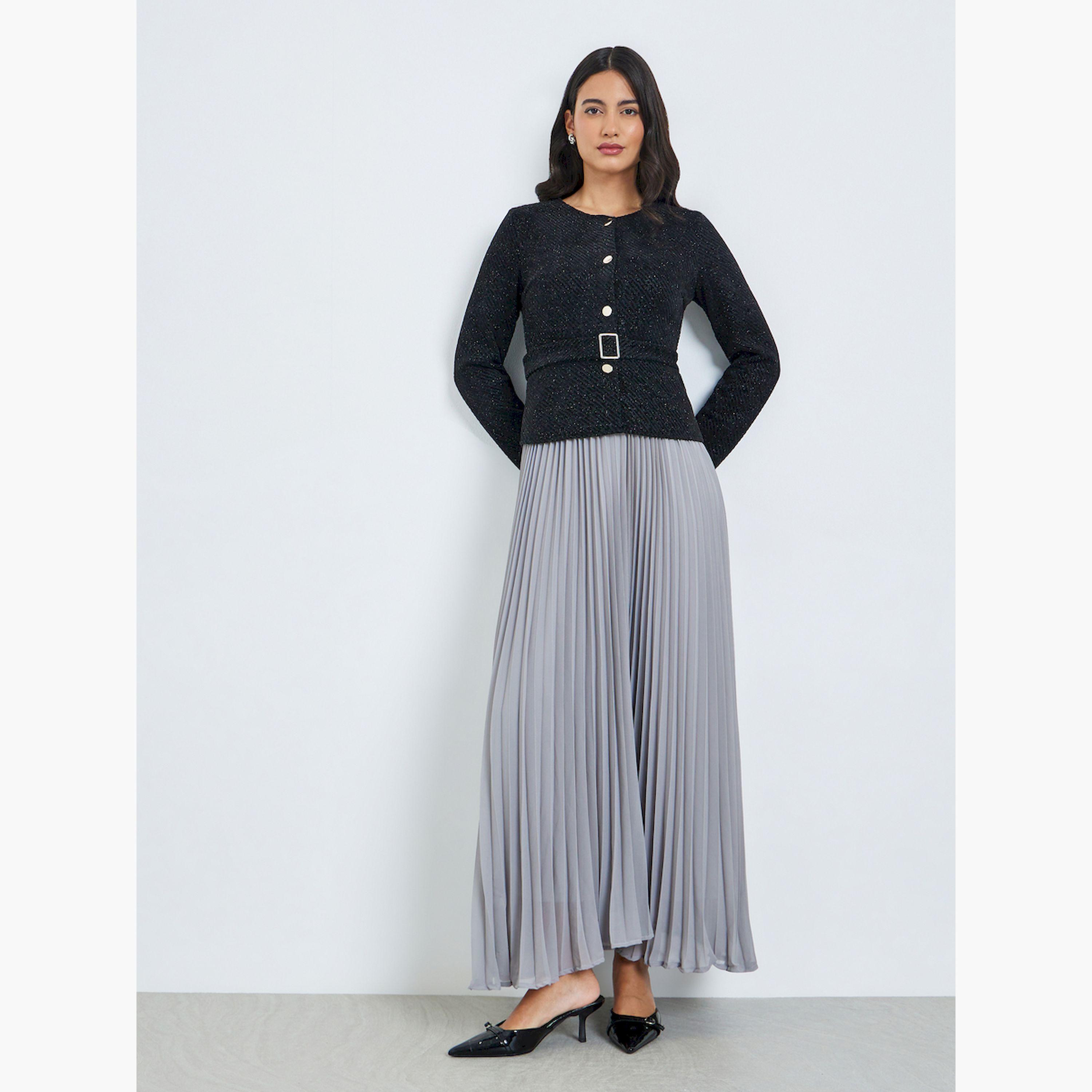 Styli Black Tweed Pleated A-Line Maxi Dress with Belt-women-clothing-dresses-image-3