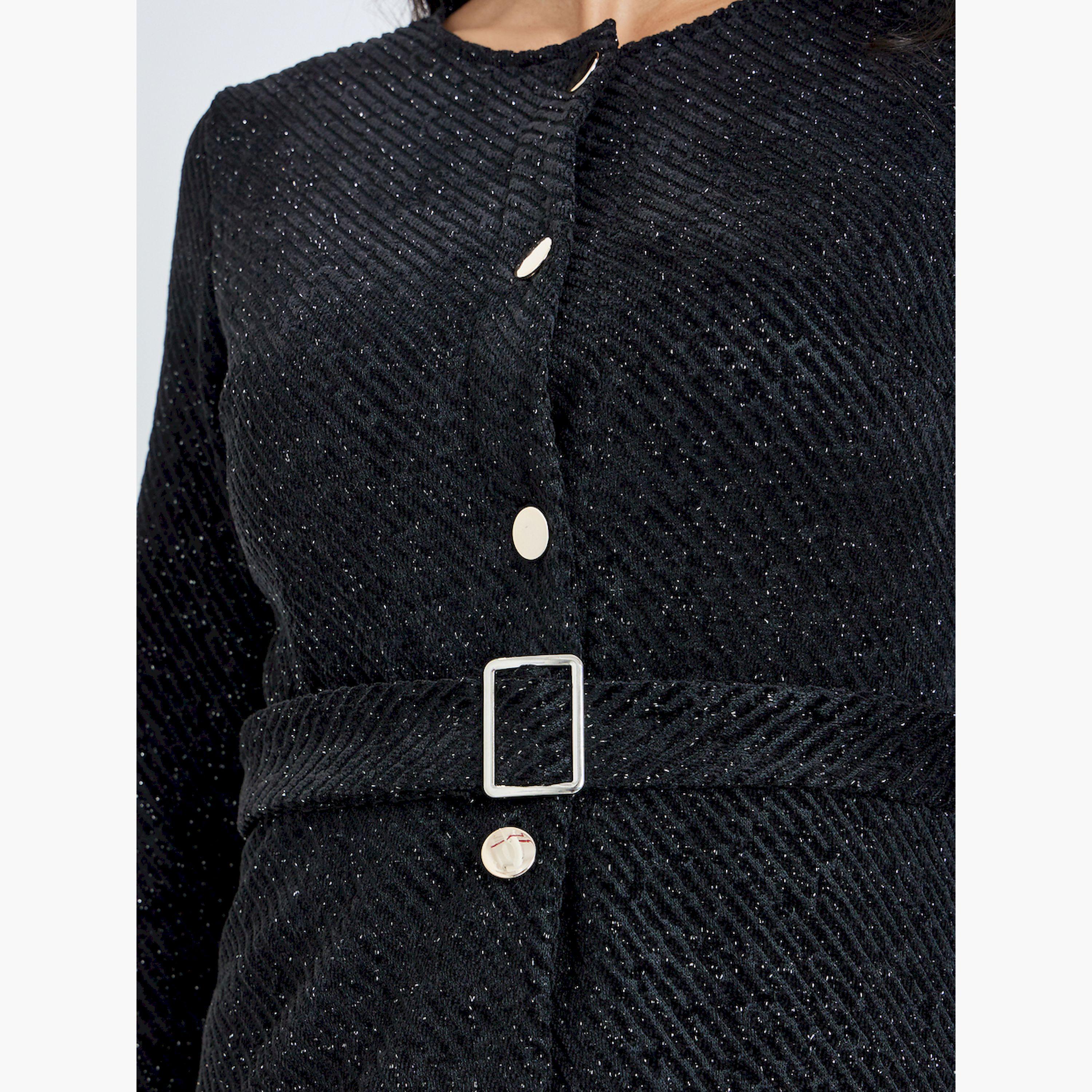 Styli Black Tweed Pleated A-Line Maxi Dress with Belt-women-clothing-dresses-image-4