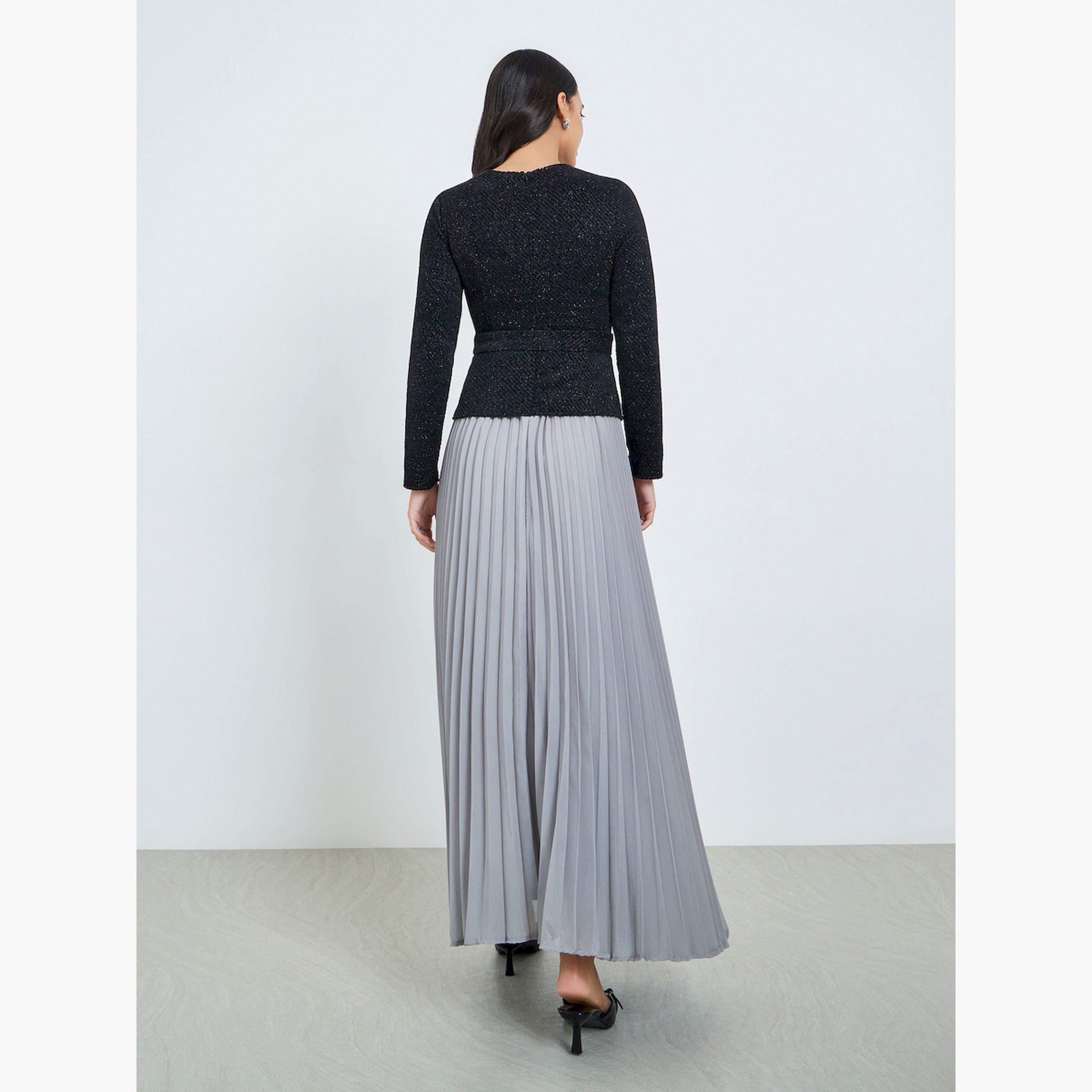 Styli Black Tweed Pleated A-Line Maxi Dress with Belt-women-clothing-dresses-image-5