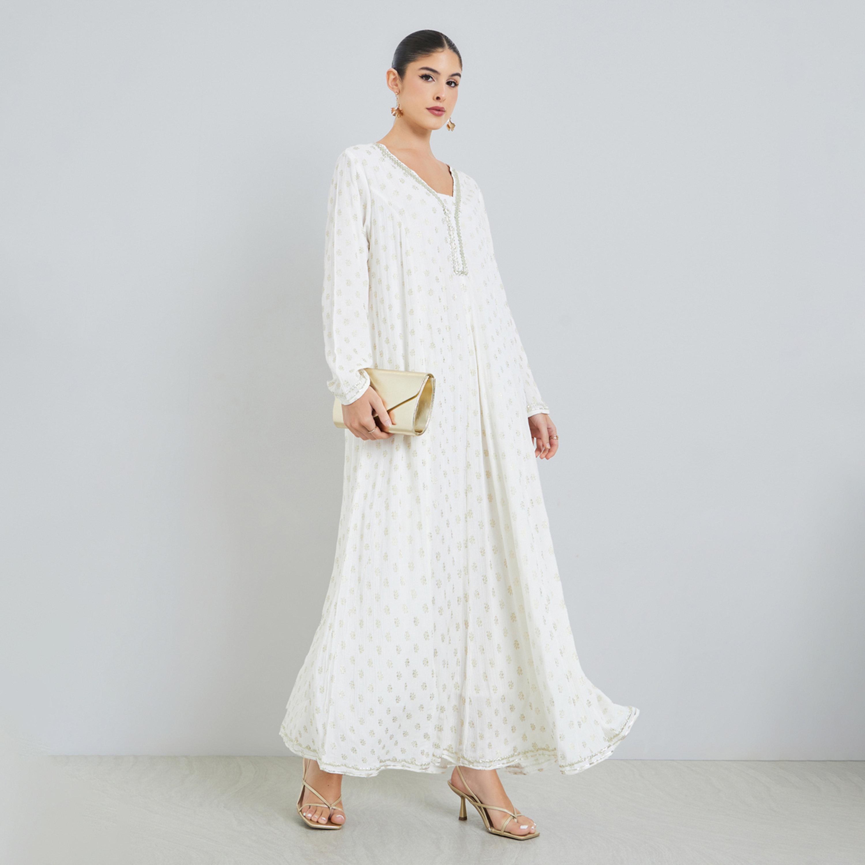 Amirah X Styli White Foil Print Long Sleeves Jalabiya-women-arabicclothing-jalabiyas-image-1