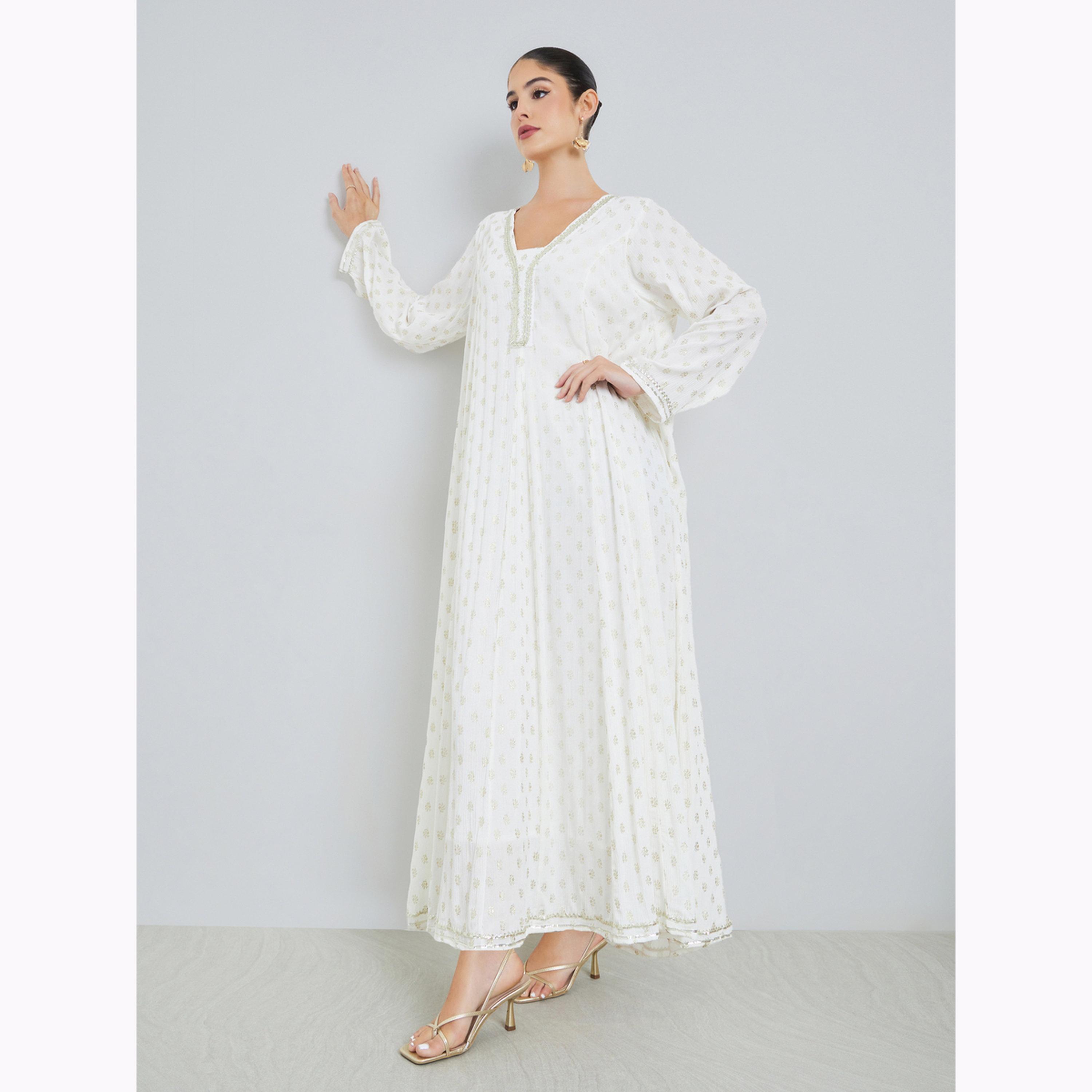 Amirah X Styli White Foil Print Long Sleeves Jalabiya-women-arabicclothing-jalabiyas-image-3