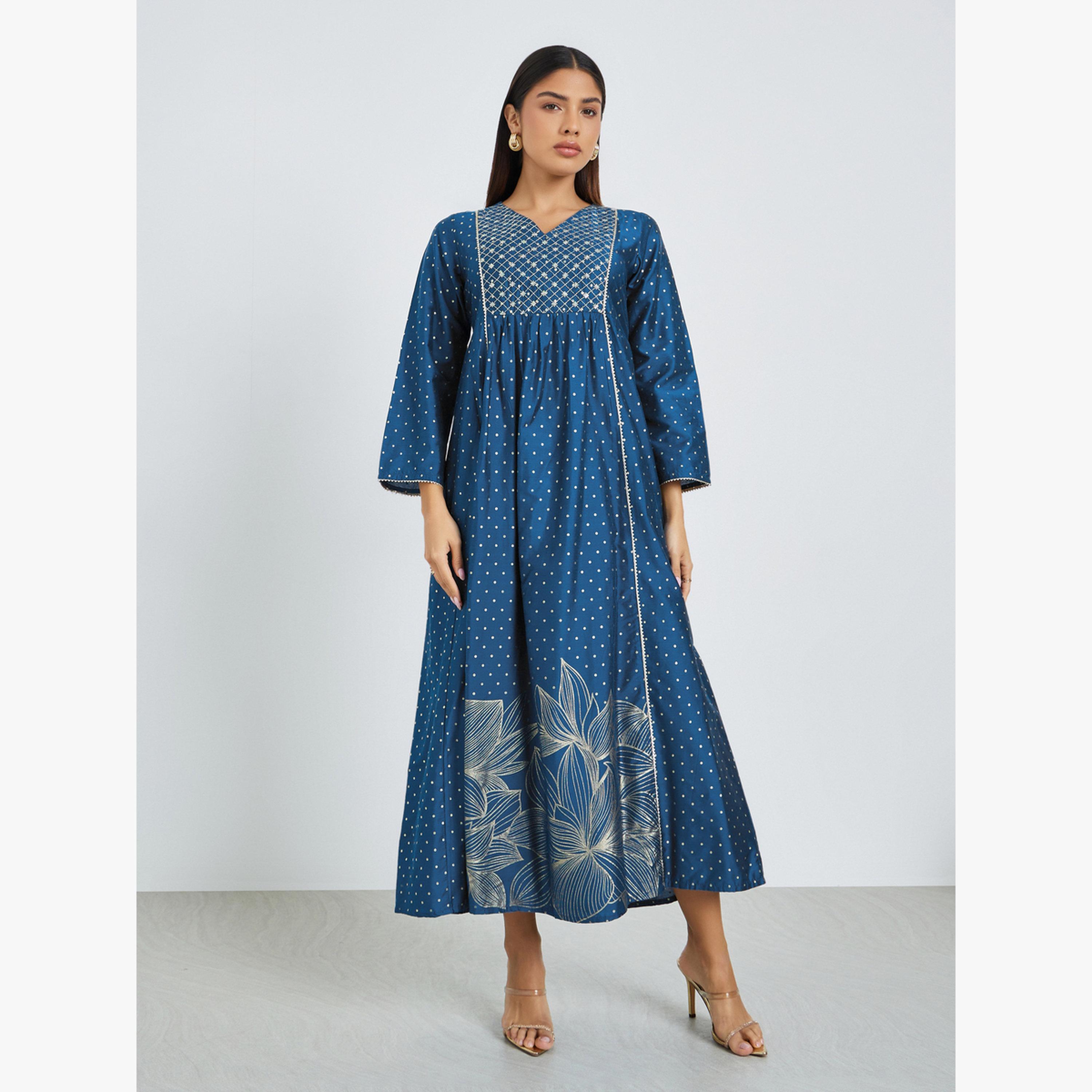 جلابية بياقة دائرية وطبعة نقاط-women-arabicclothing-jalabiyas-image-1