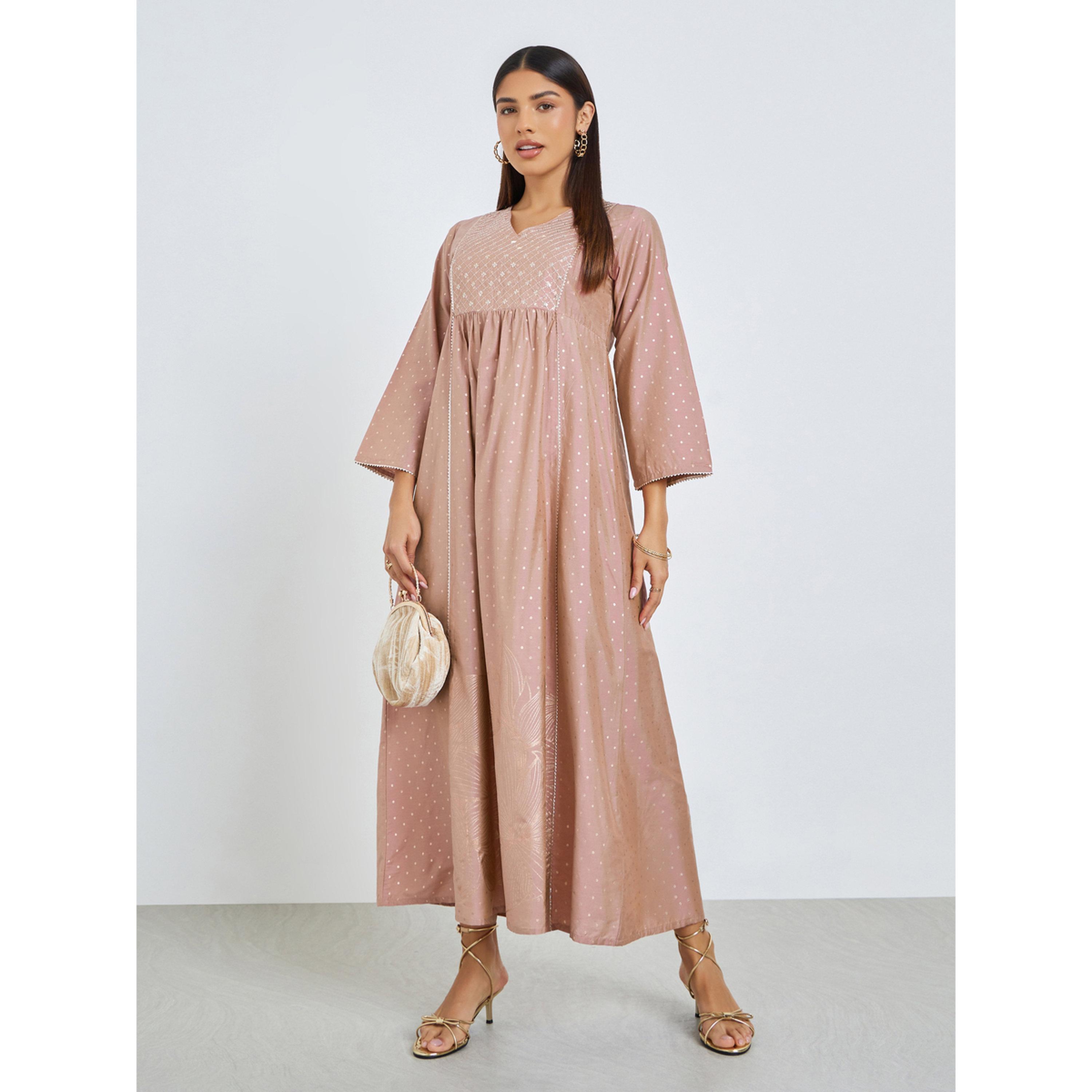 Styli Pink Dot Print Sequined Yoke Jalabiya-women-arabicclothing-jalabiyas-image-1