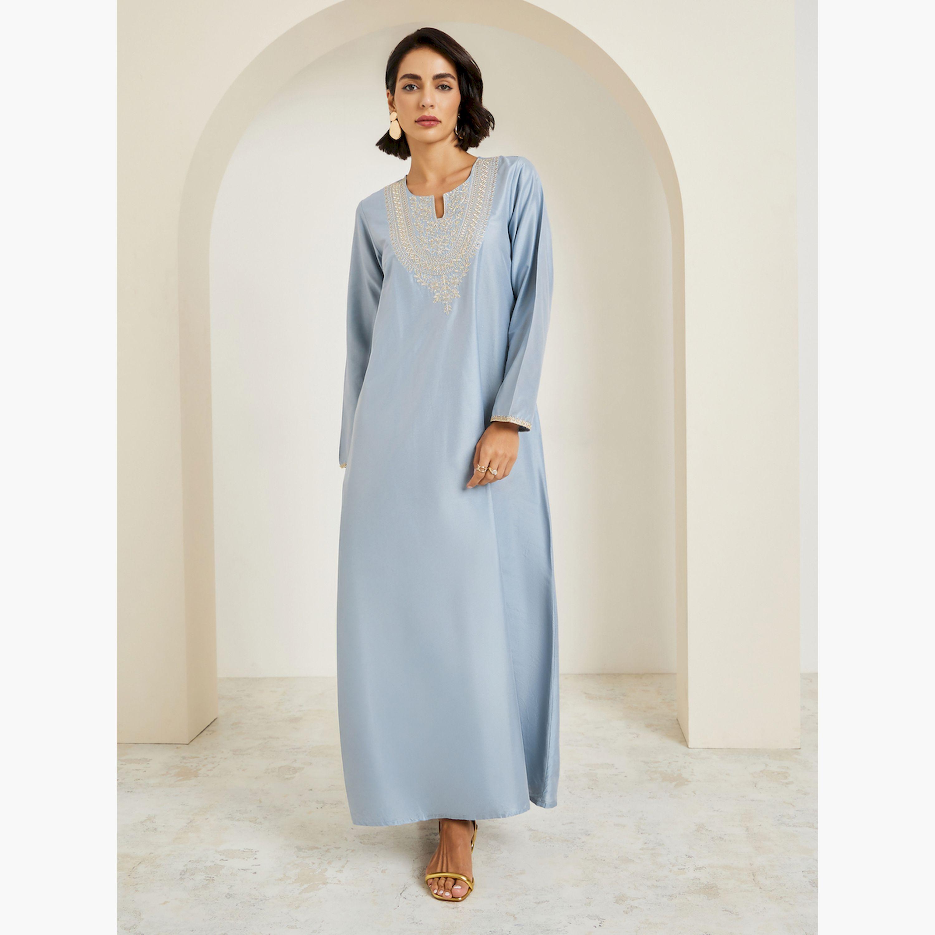 Styli Light Blue Embroidered A-Line Jalabiya-women-arabicclothing-jalabiyas-image-1