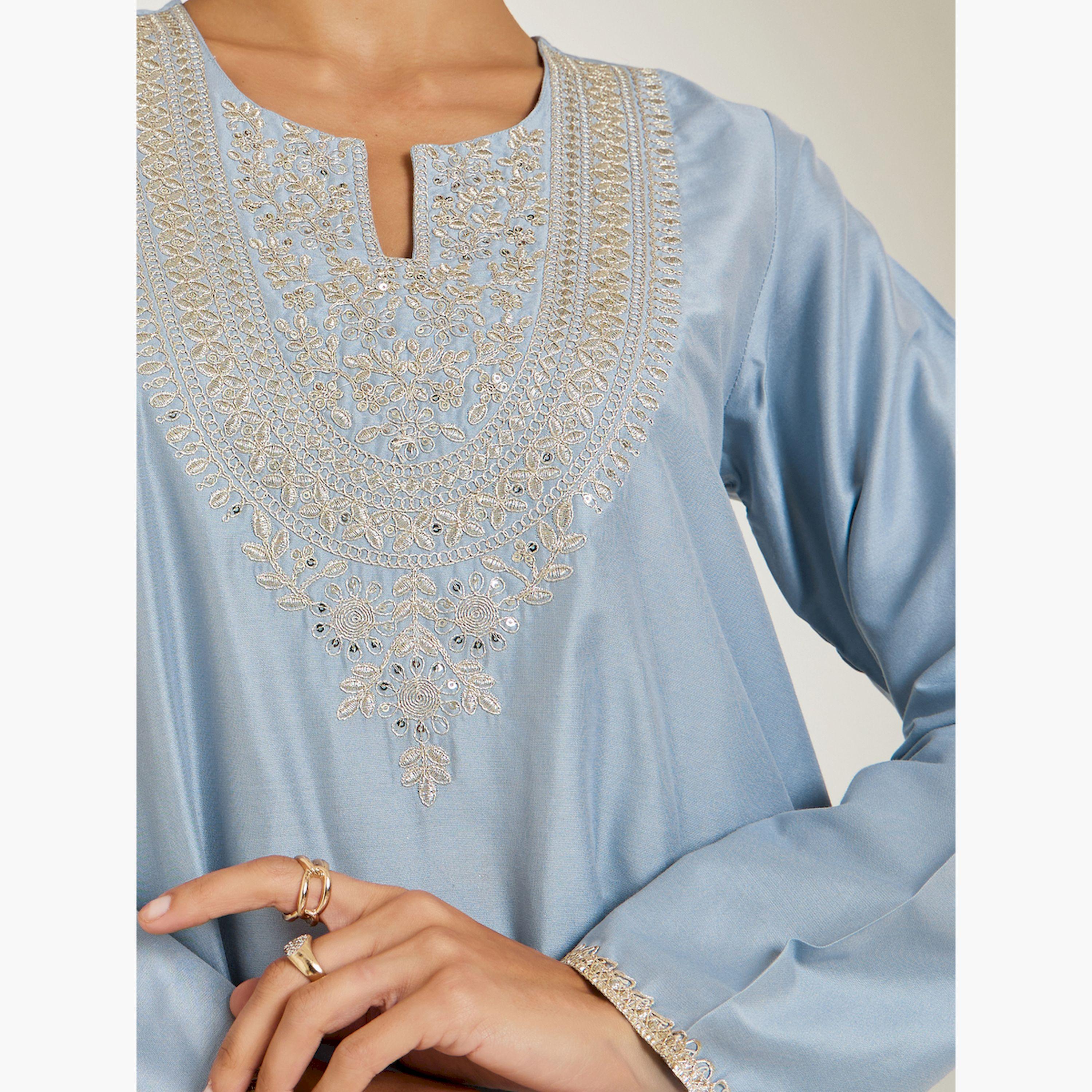 Styli Light Blue Embroidered A-Line Jalabiya-women-arabicclothing-jalabiyas-image-5