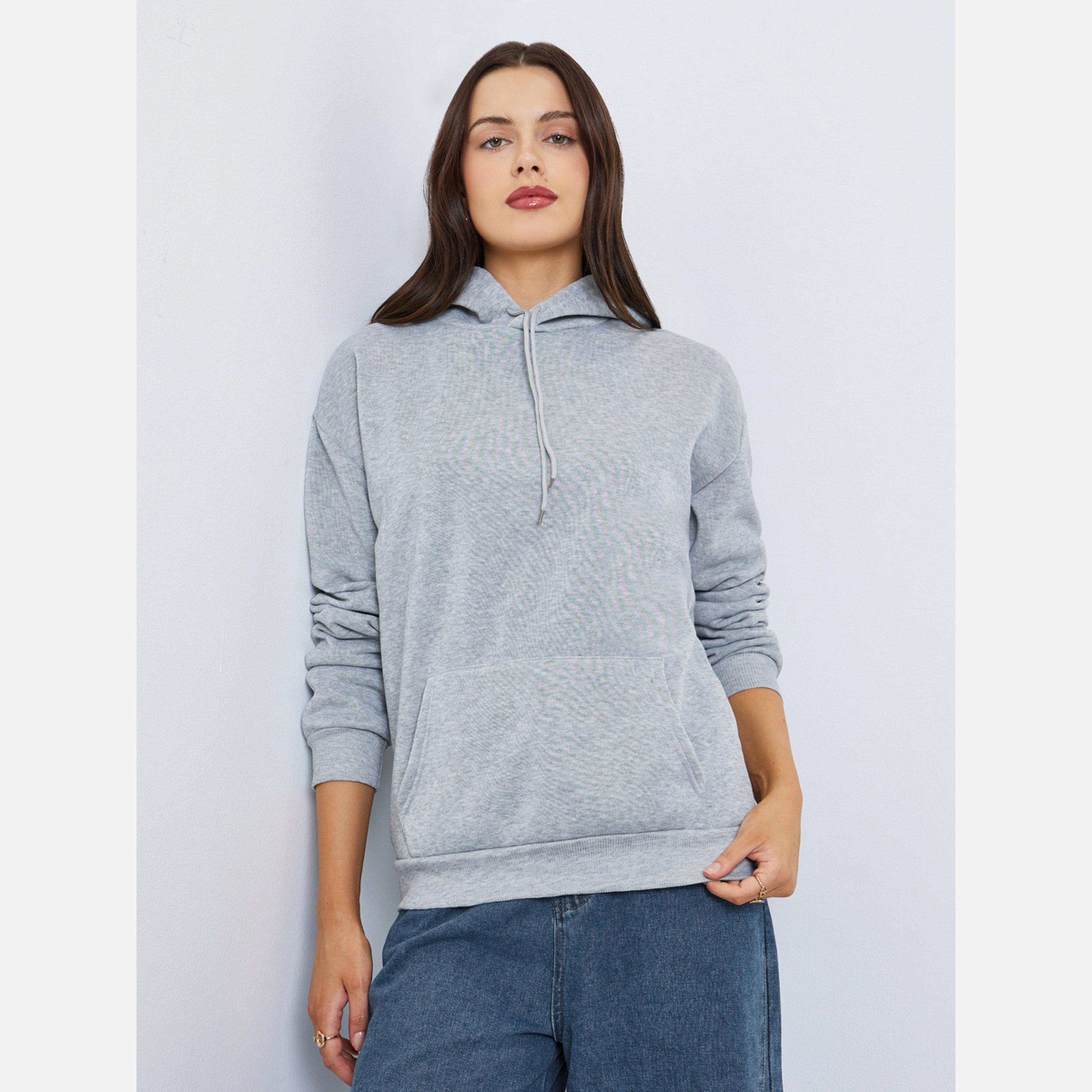 Styli Grey Regular Fit Hoodie with Front Pocket-women-winterwear-hoodiesandsweatshirts-hoodies-image-1