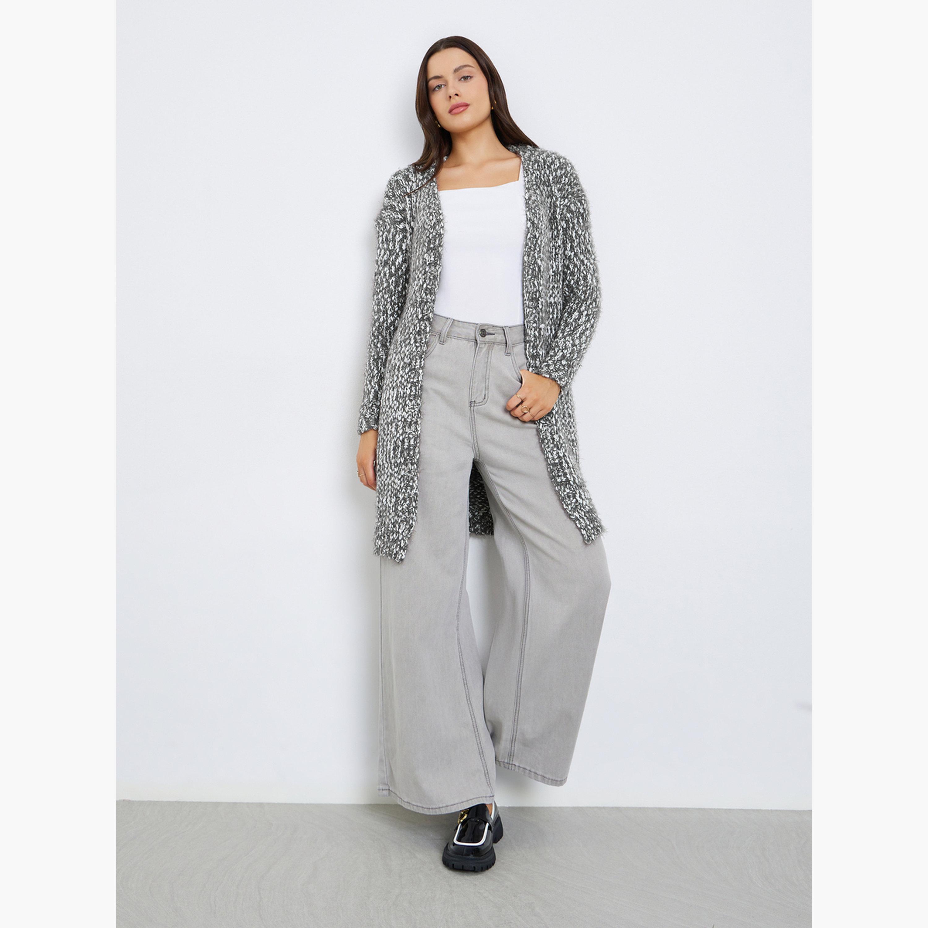 ستايلي - كارديغان نسائي مفتوح من الأمام بأكمام طويلة وخيوط متعددة رمادي اللون-women-winterwear-cardigansandjumpers-cardigans-image-1