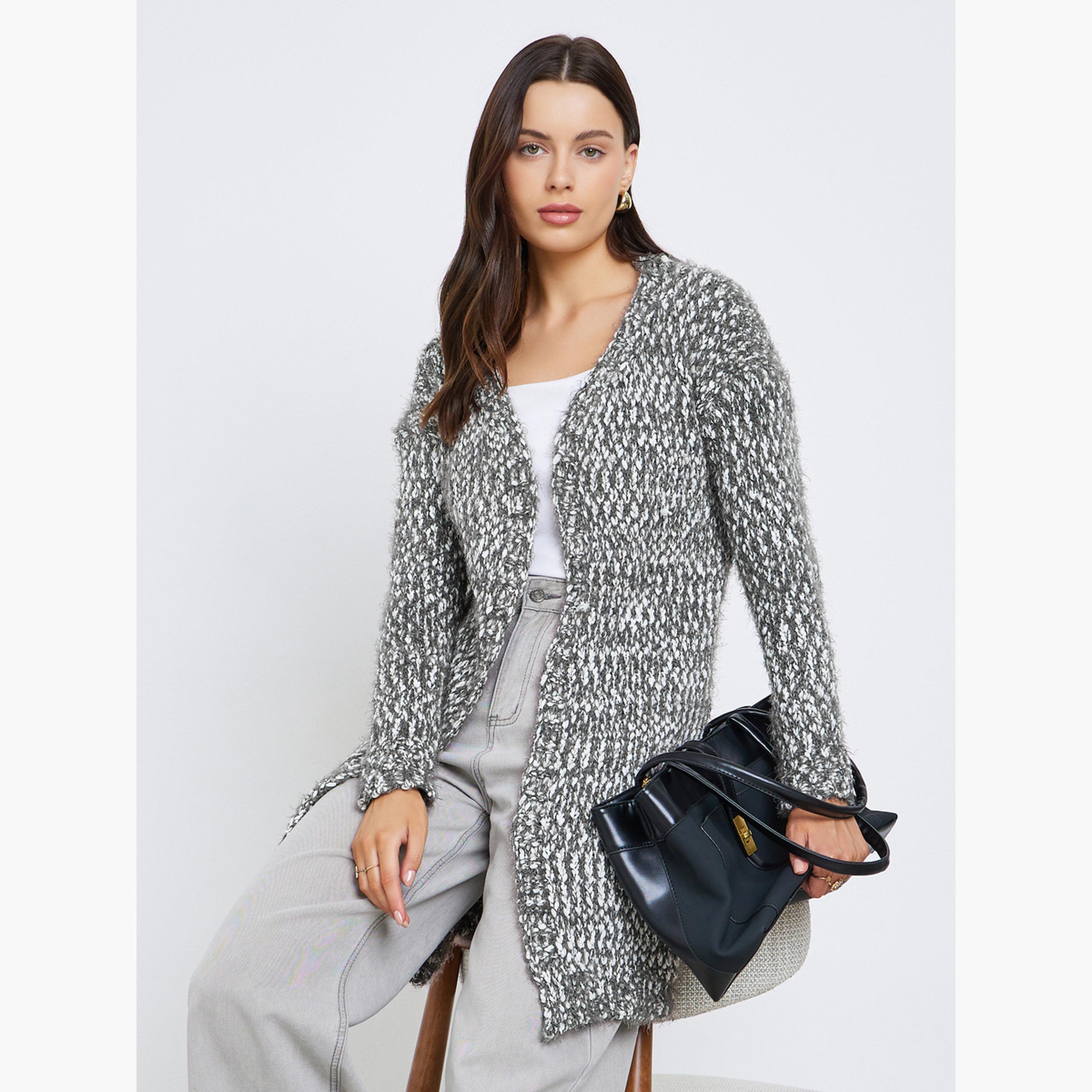 ستايلي - كارديغان نسائي مفتوح من الأمام بأكمام طويلة وخيوط متعددة رمادي اللون-women-winterwear-cardigansandjumpers-cardigans-image-2