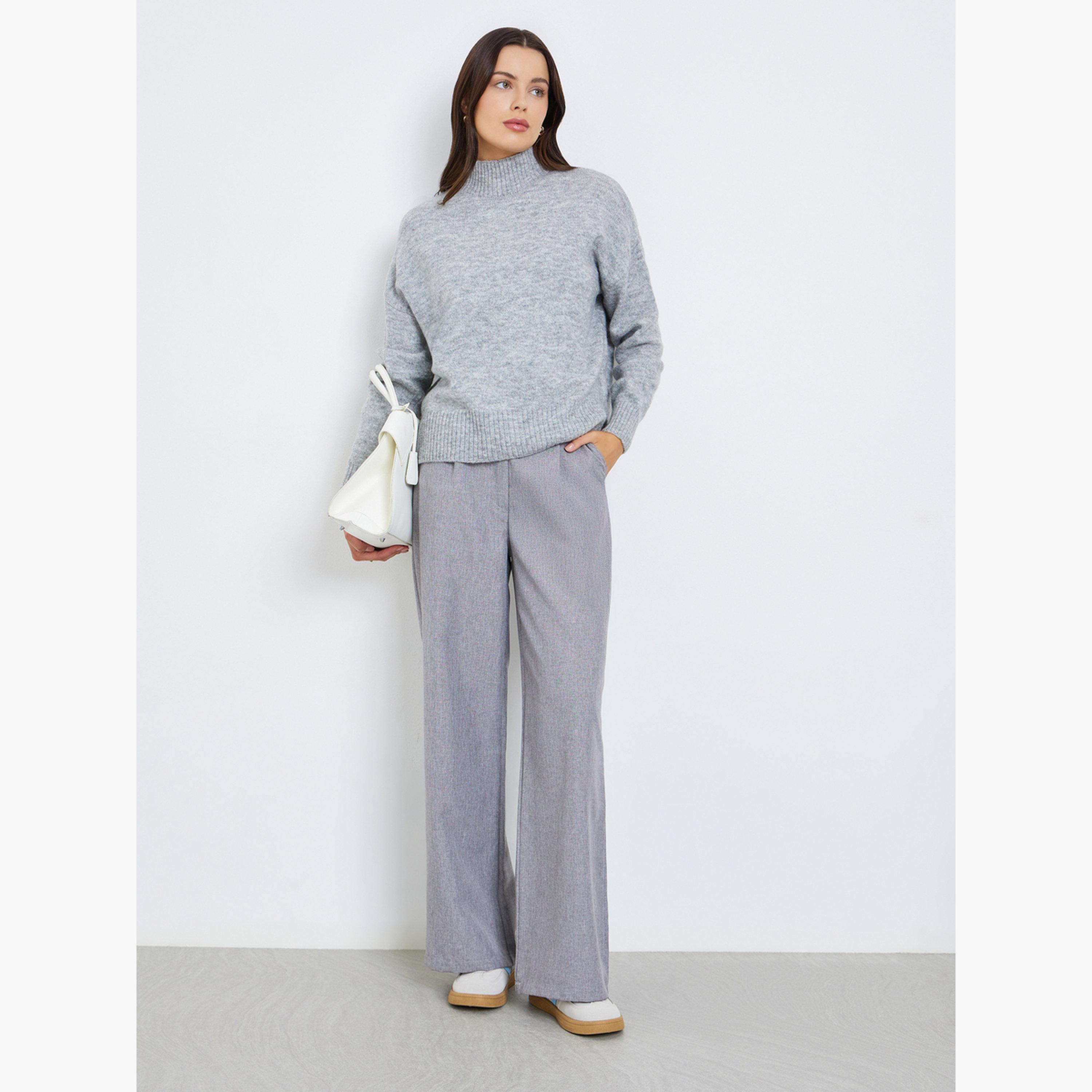 ستايلي - سترة نسائية رمادية محبوكة بأكمام طويلة وياقة وهمية-women-clothing-cardigansandjumpers-jumpers-image-1