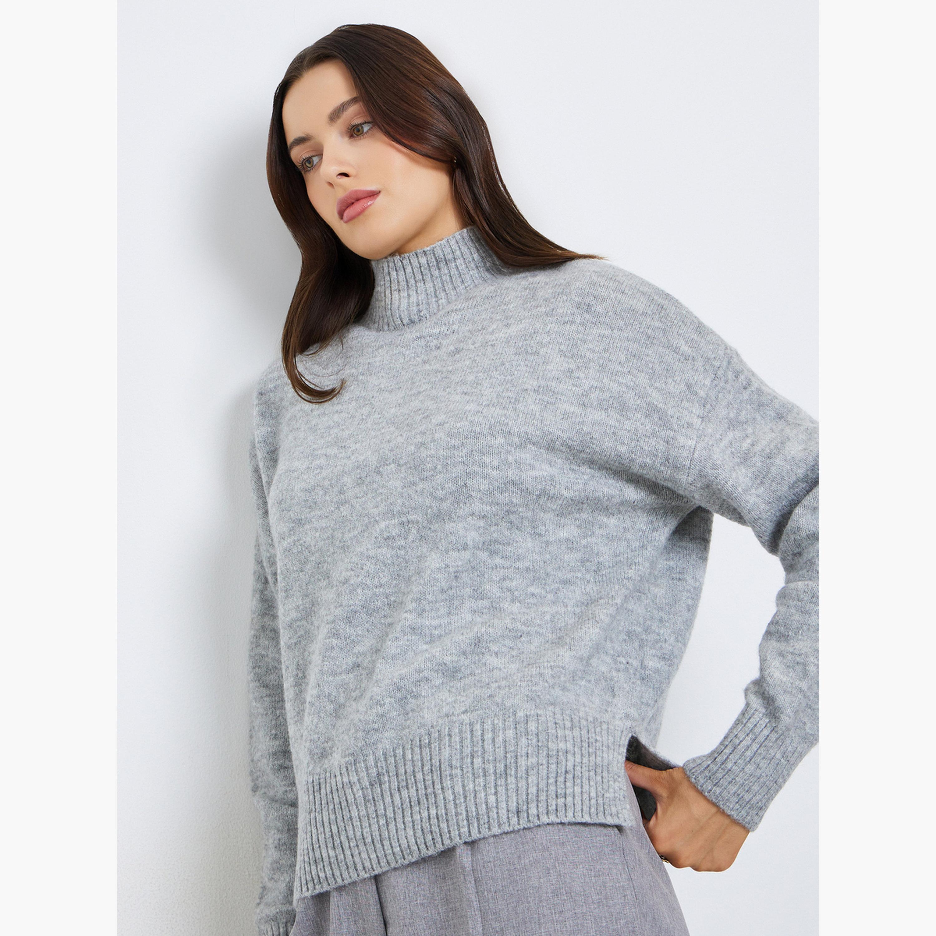 ستايلي - سترة نسائية رمادية محبوكة بأكمام طويلة وياقة وهمية-women-clothing-cardigansandjumpers-jumpers-image-2