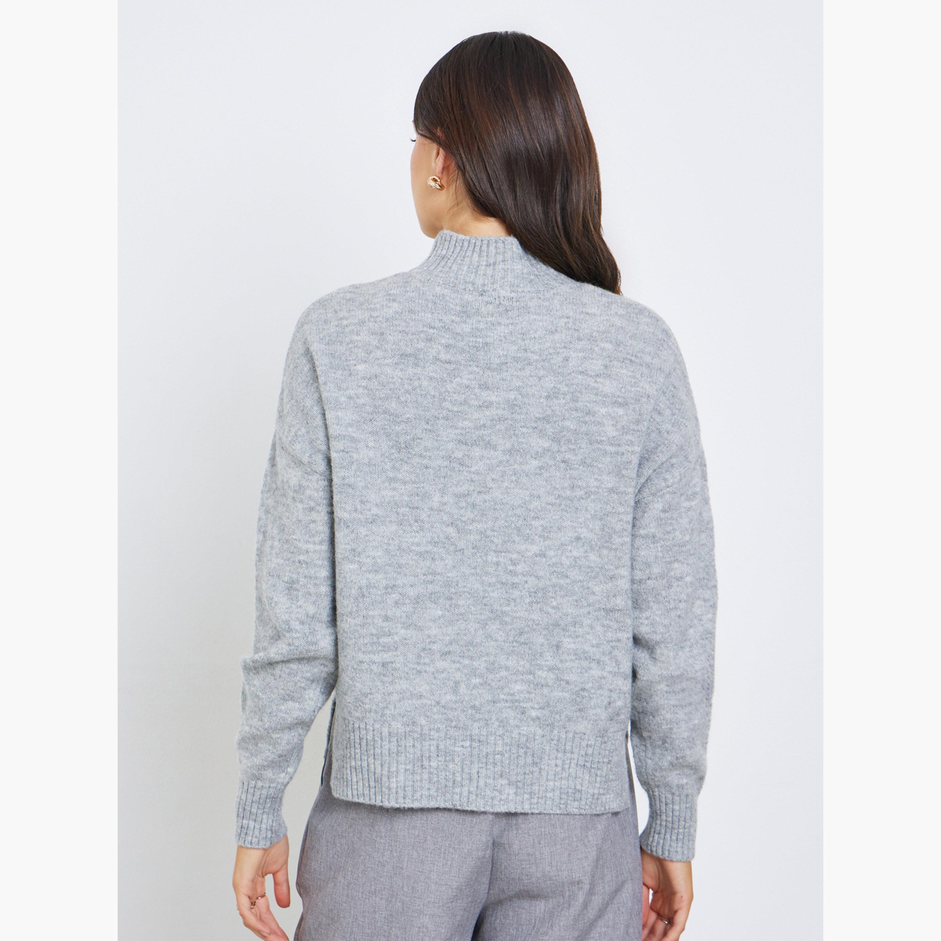 ستايلي - سترة نسائية رمادية محبوكة بأكمام طويلة وياقة وهمية-women-clothing-cardigansandjumpers-jumpers-image-4