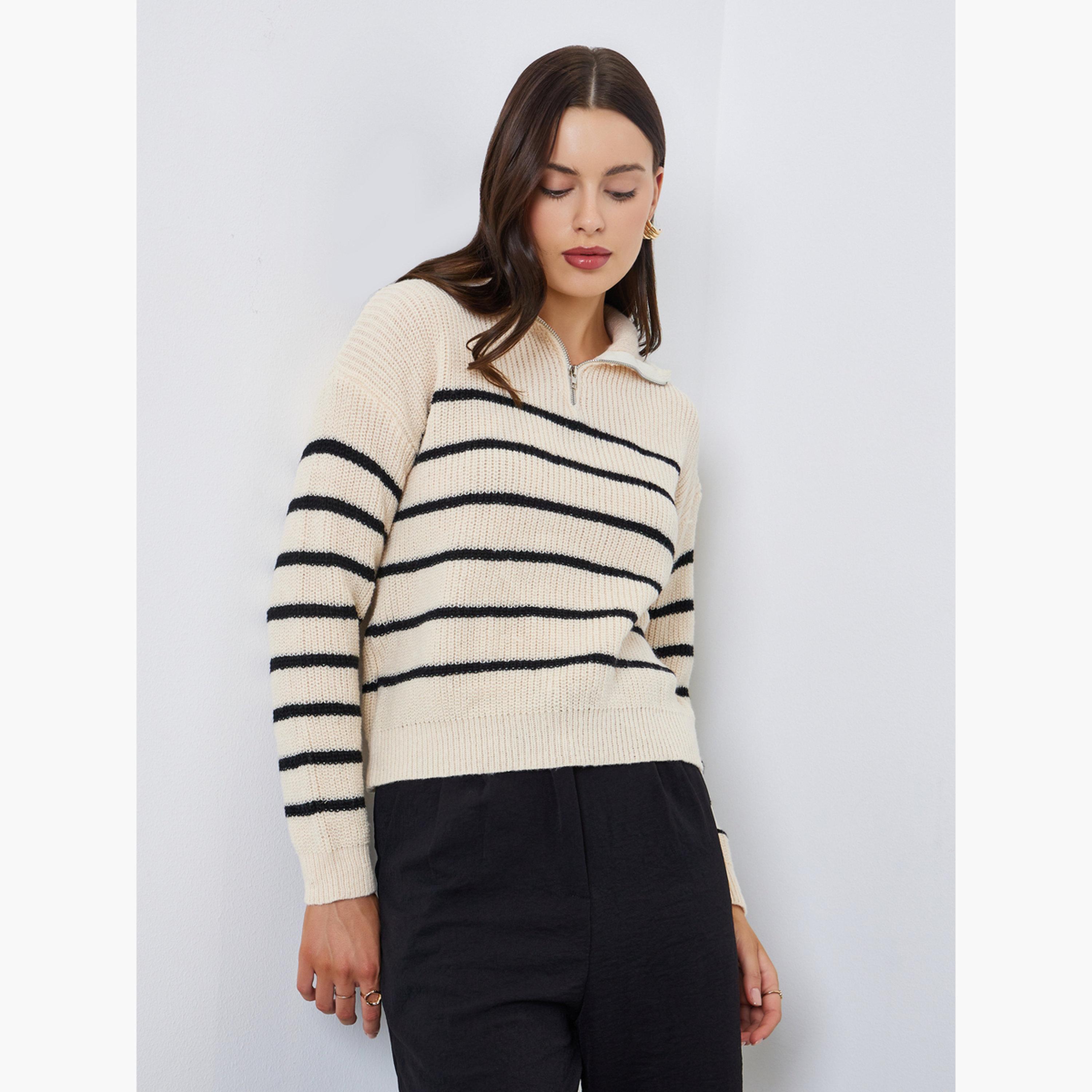 ستايلي - سترة نسائية مخططة باللون البيج بأكمام طويلة وسحاب وطول قصير-women-winterwear-cardigansandjumpers-jumpers-image-1