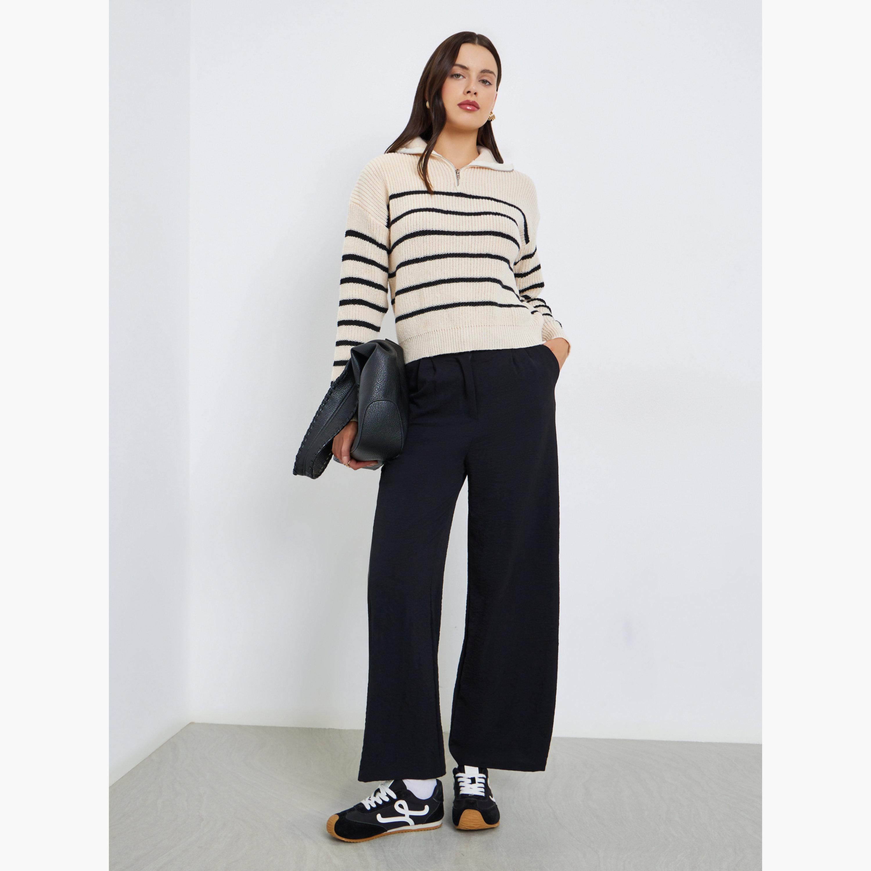 ستايلي - سترة نسائية مخططة باللون البيج بأكمام طويلة وسحاب وطول قصير-women-winterwear-cardigansandjumpers-jumpers-image-2