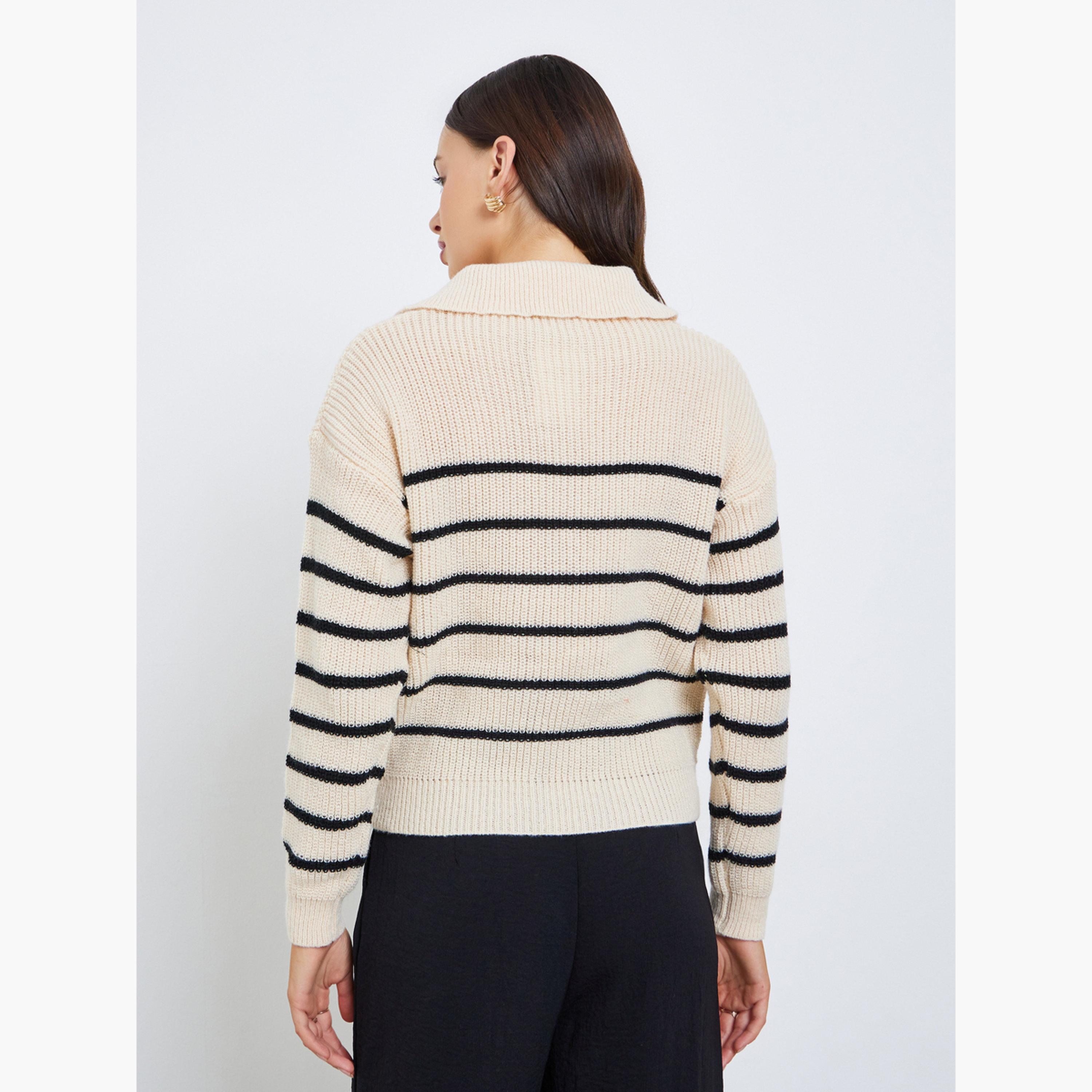ستايلي - سترة نسائية مخططة باللون البيج بأكمام طويلة وسحاب وطول قصير-women-winterwear-cardigansandjumpers-jumpers-image-3