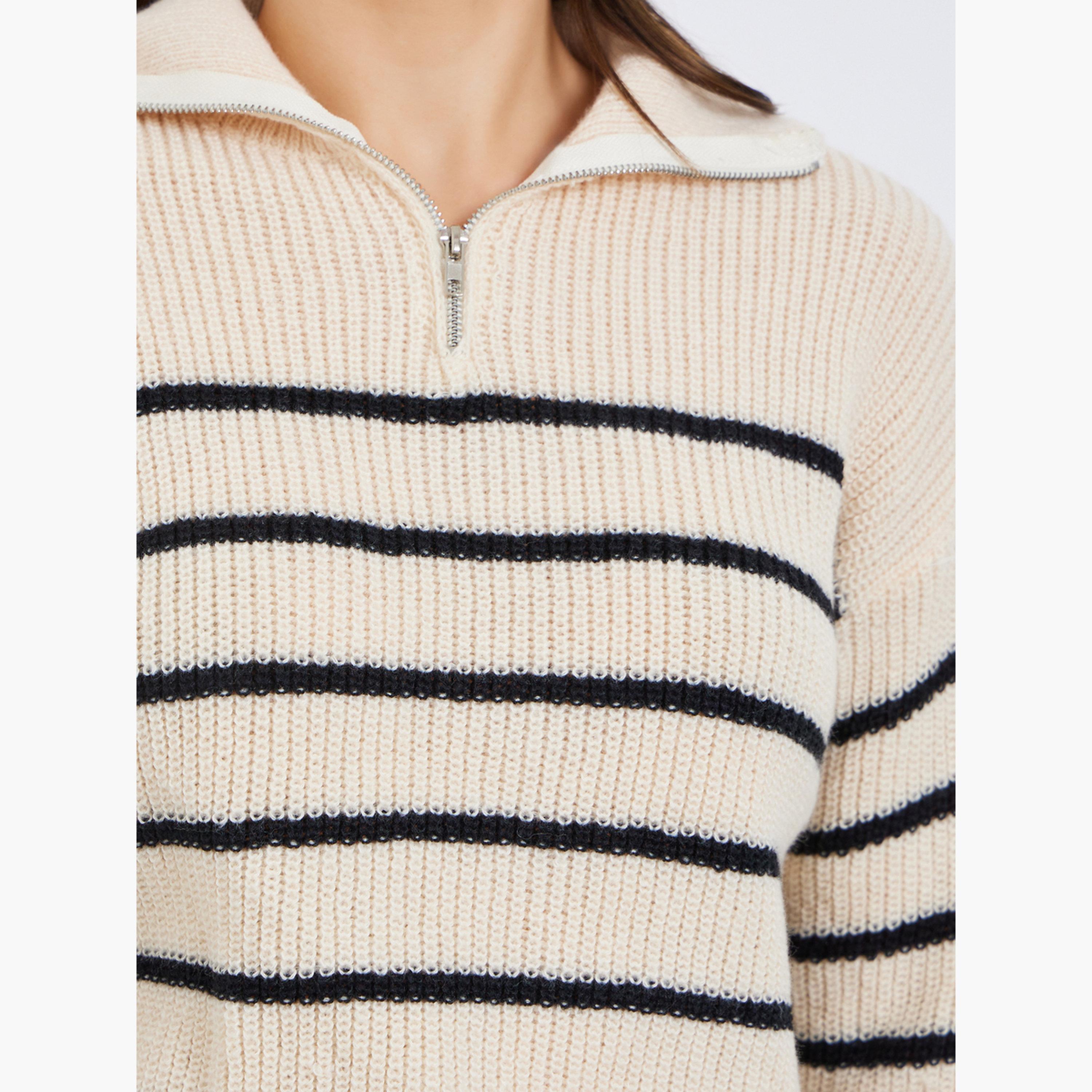 ستايلي - سترة نسائية مخططة باللون البيج بأكمام طويلة وسحاب وطول قصير-women-winterwear-cardigansandjumpers-jumpers-image-4