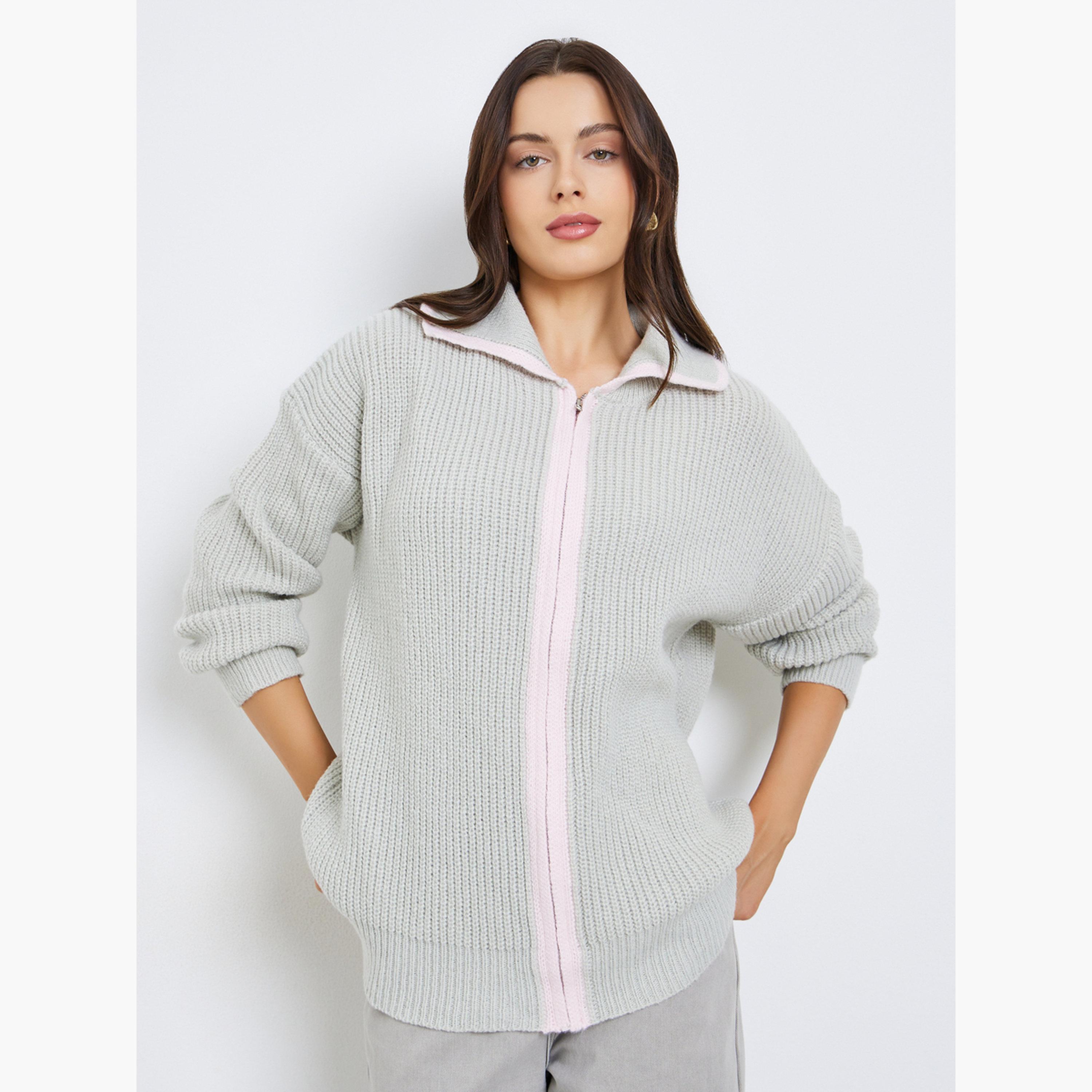Styli Grey Ribbed Knit Collared Long Sleeves Women's Zip Up Cardigan-women-winterwear-cardigansandjumpers-cardigans-image-1