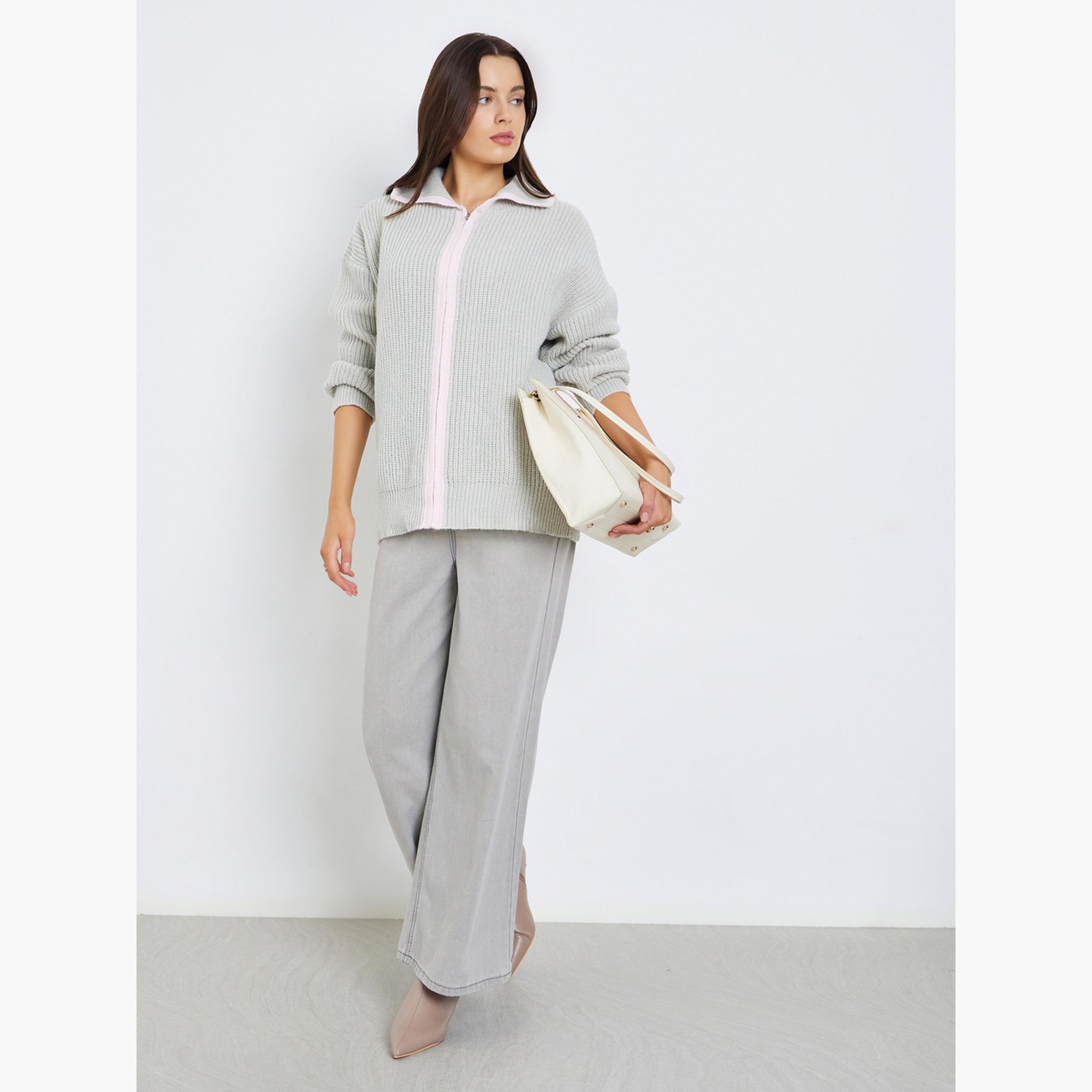 ستايلي - كارديغان رمادي اللون للنساء بأكمام طويلة وياقة مضلعة وسحاب-women-winterwear-cardigansandjumpers-cardigans-image-2