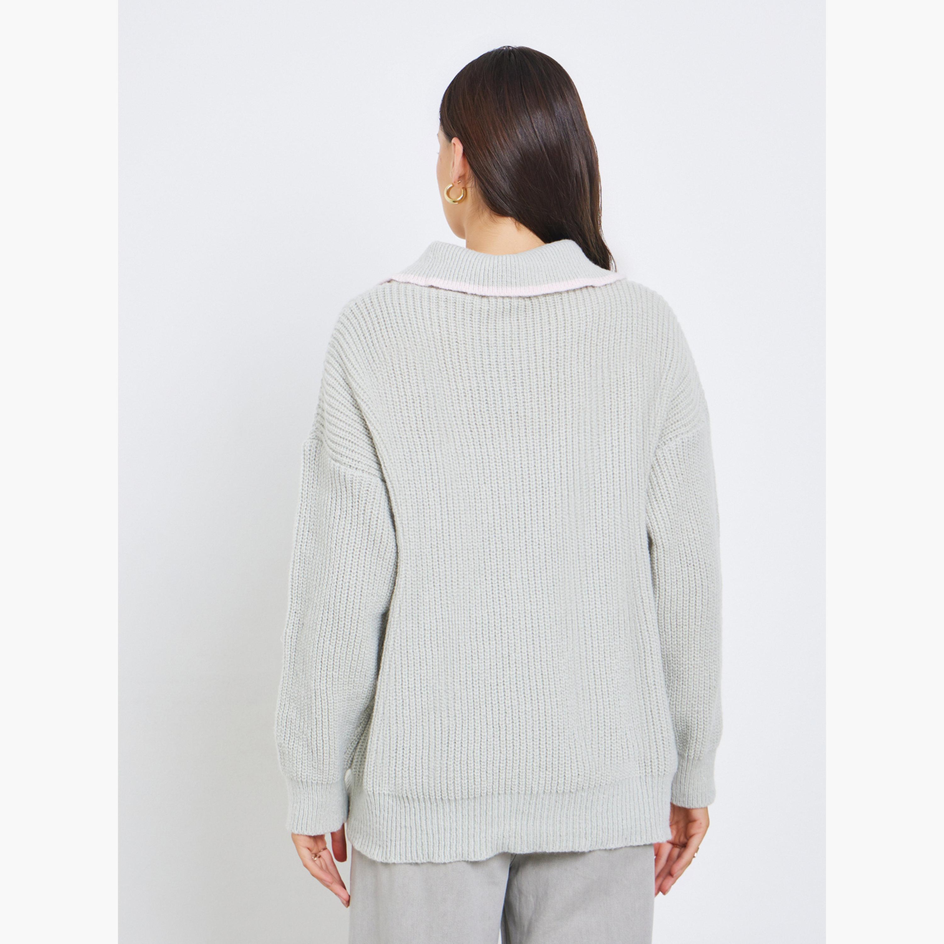 ستايلي - كارديغان رمادي اللون للنساء بأكمام طويلة وياقة مضلعة وسحاب-women-winterwear-cardigansandjumpers-cardigans-image-3