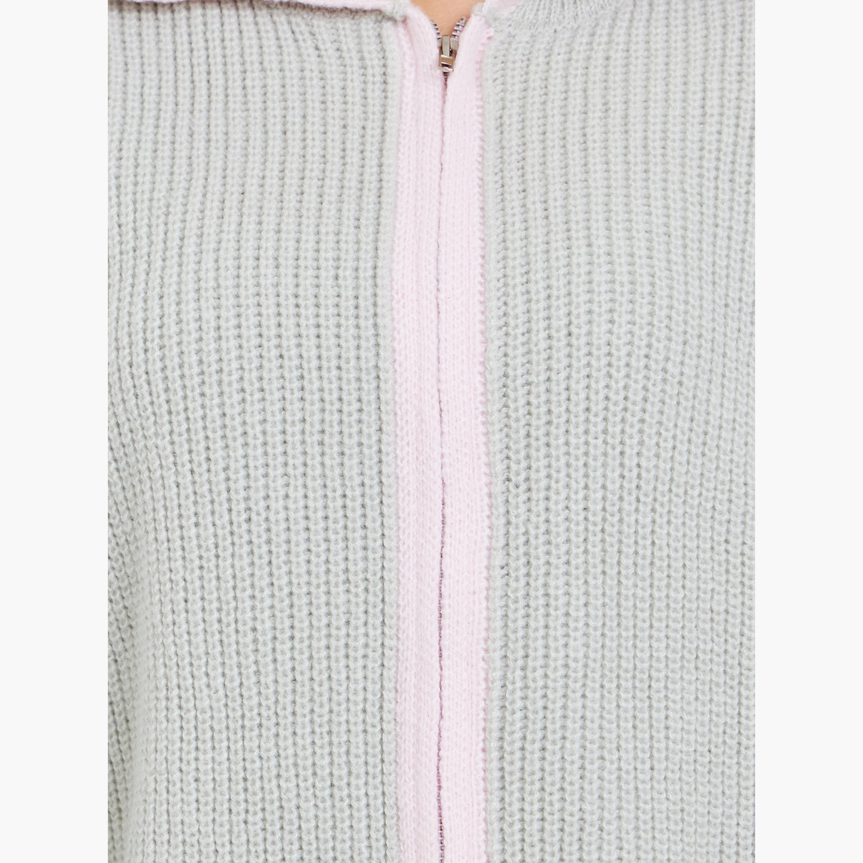 Styli Grey Ribbed Knit Collared Long Sleeves Women's Zip Up Cardigan-women-winterwear-cardigansandjumpers-cardigans-image-4