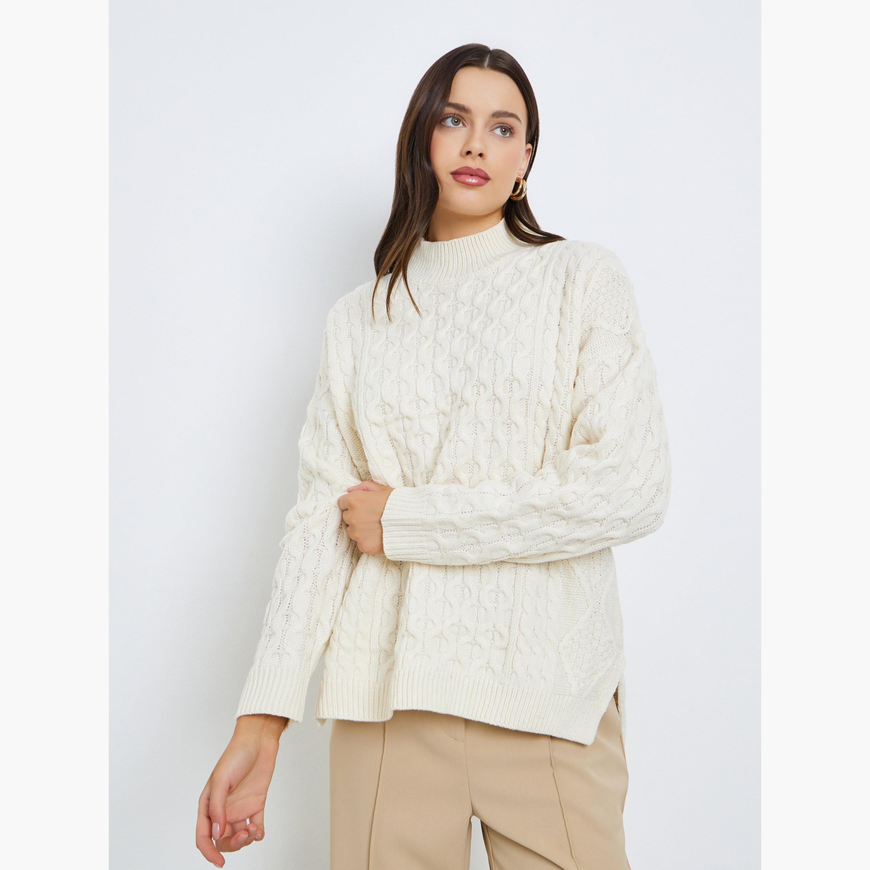 ستايلي - سترة نسائية محبوكة بأكمام طويلة رقبة عالية لون اوف وايت-women-winterwear-cardigansandjumpers-jumpers-image-1
