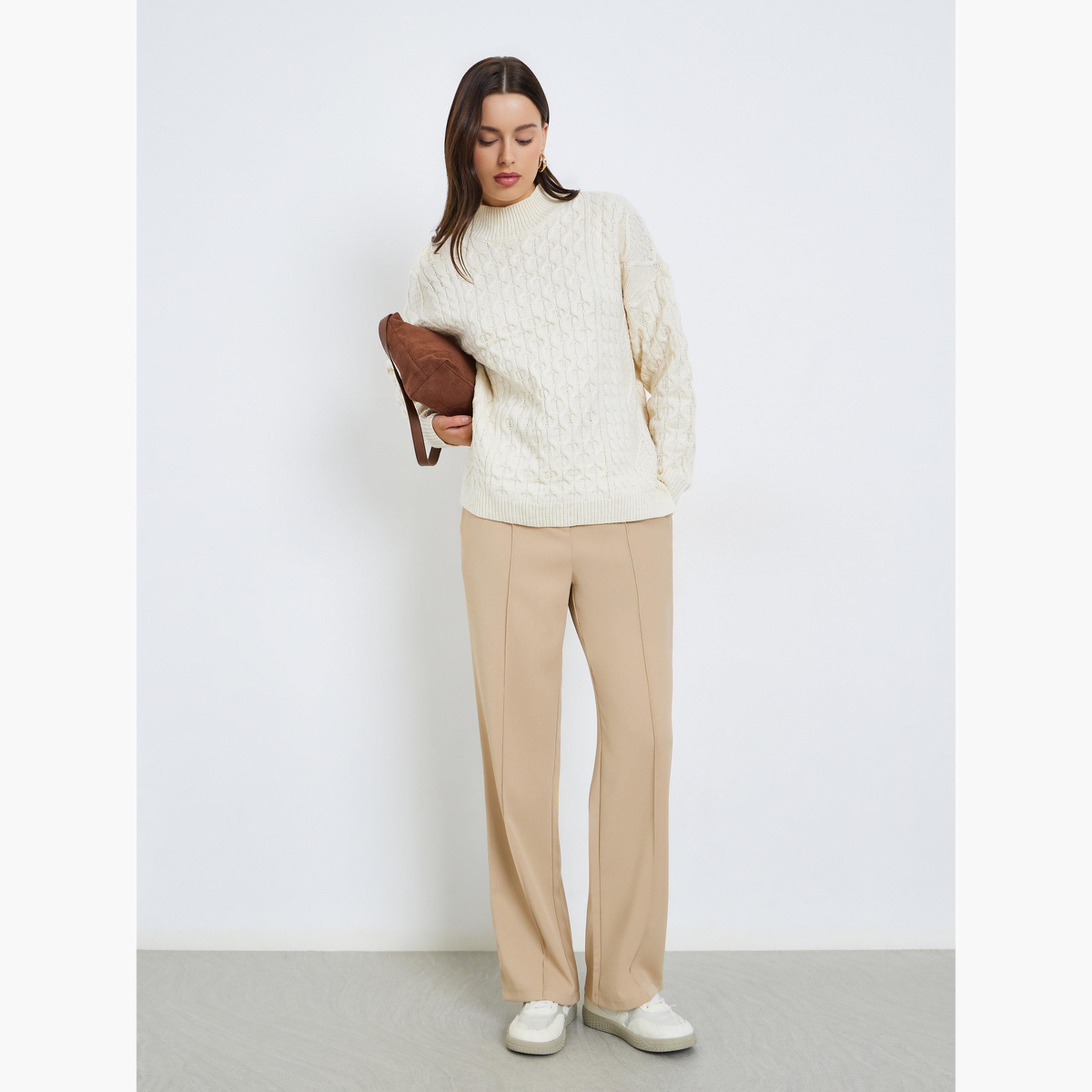 ستايلي - سترة نسائية محبوكة بأكمام طويلة رقبة عالية لون اوف وايت-women-winterwear-cardigansandjumpers-jumpers-image-2