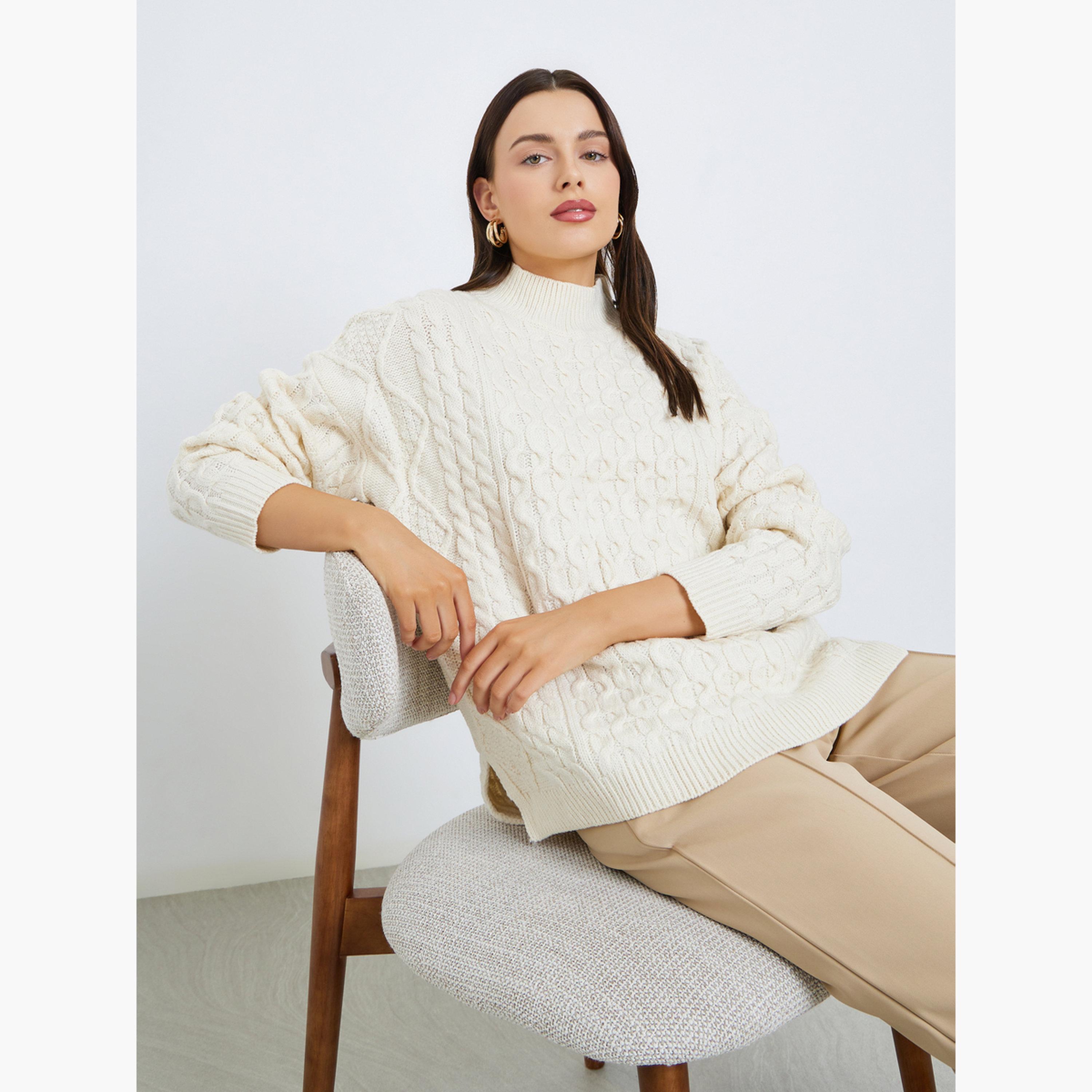 Styli Off White Cable Knit High Neck Long Sleeves Women's Sweater-women-winterwear-cardigansandjumpers-jumpers-image-3