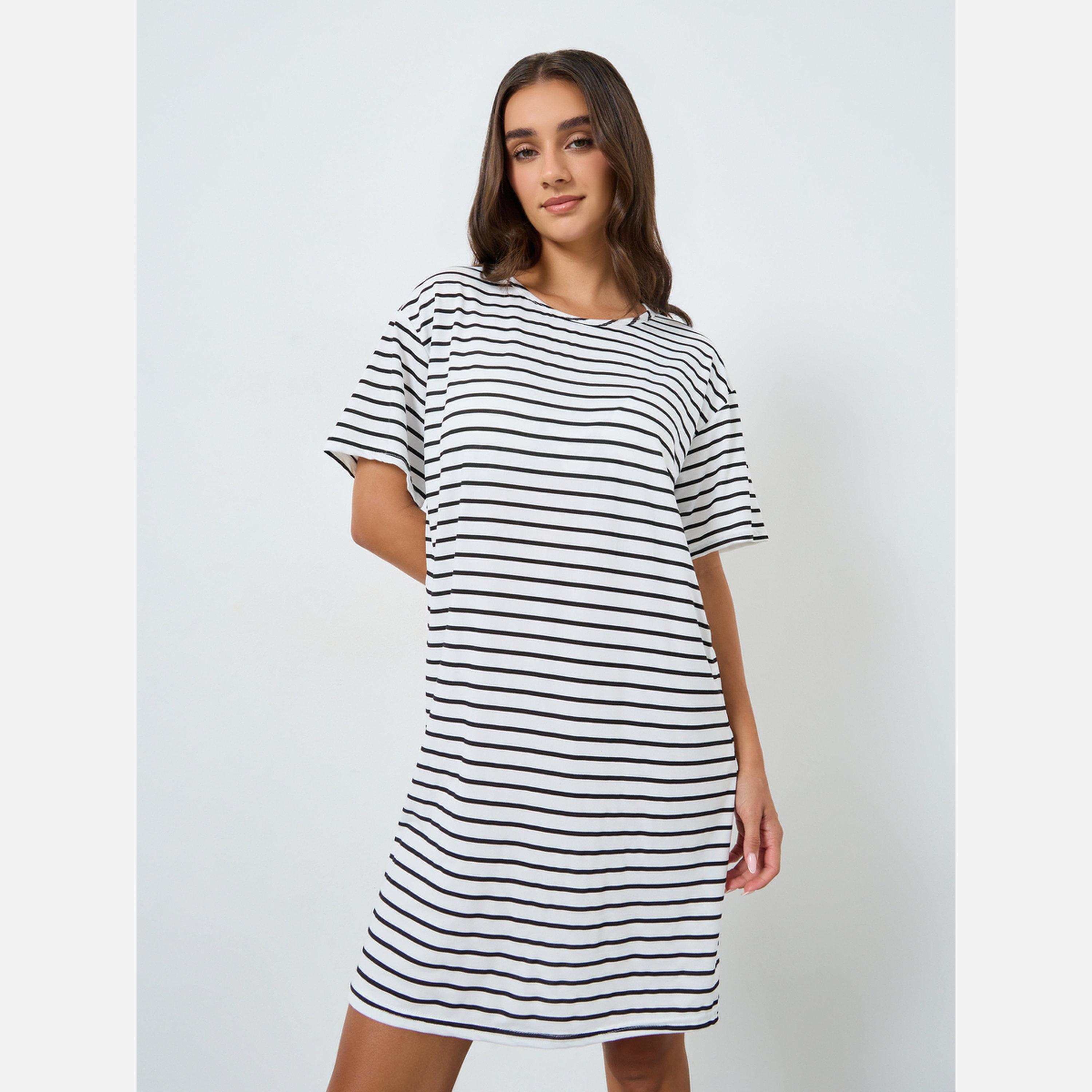 Styli Striped Drop Shoulder Sleep T-Shirt Dress-women-clothing-nightwear-nighties-image-1