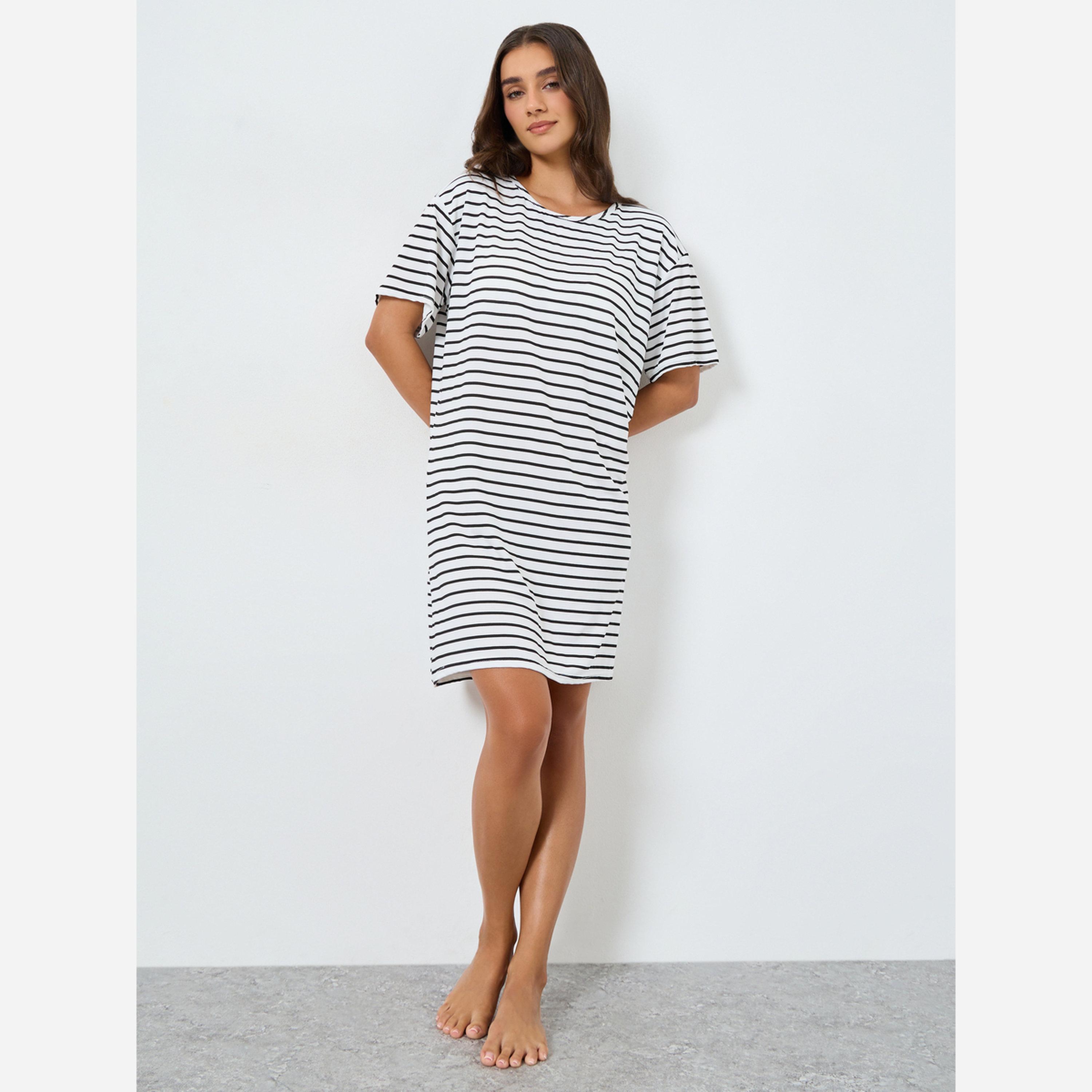 Styli Striped Drop Shoulder Sleep T-Shirt Dress-women-clothing-nightwear-nighties-image-2