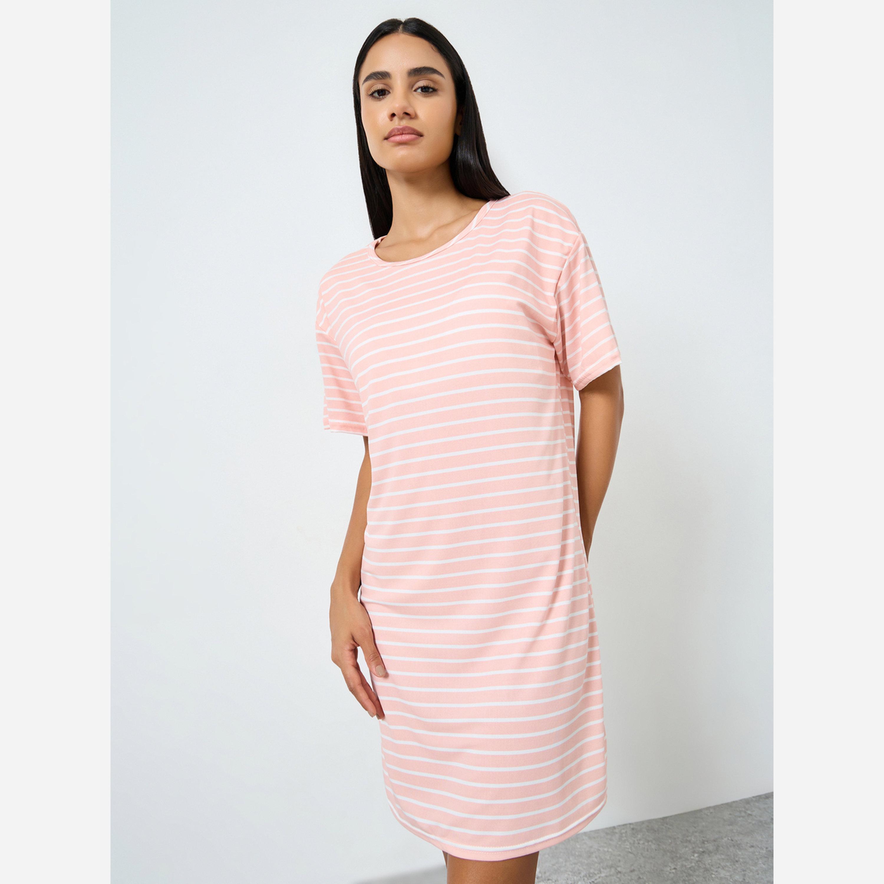Styli Striped Drop Shoulder Sleep T-Shirt Dress-women-clothing-nightwear-nighties-image-1