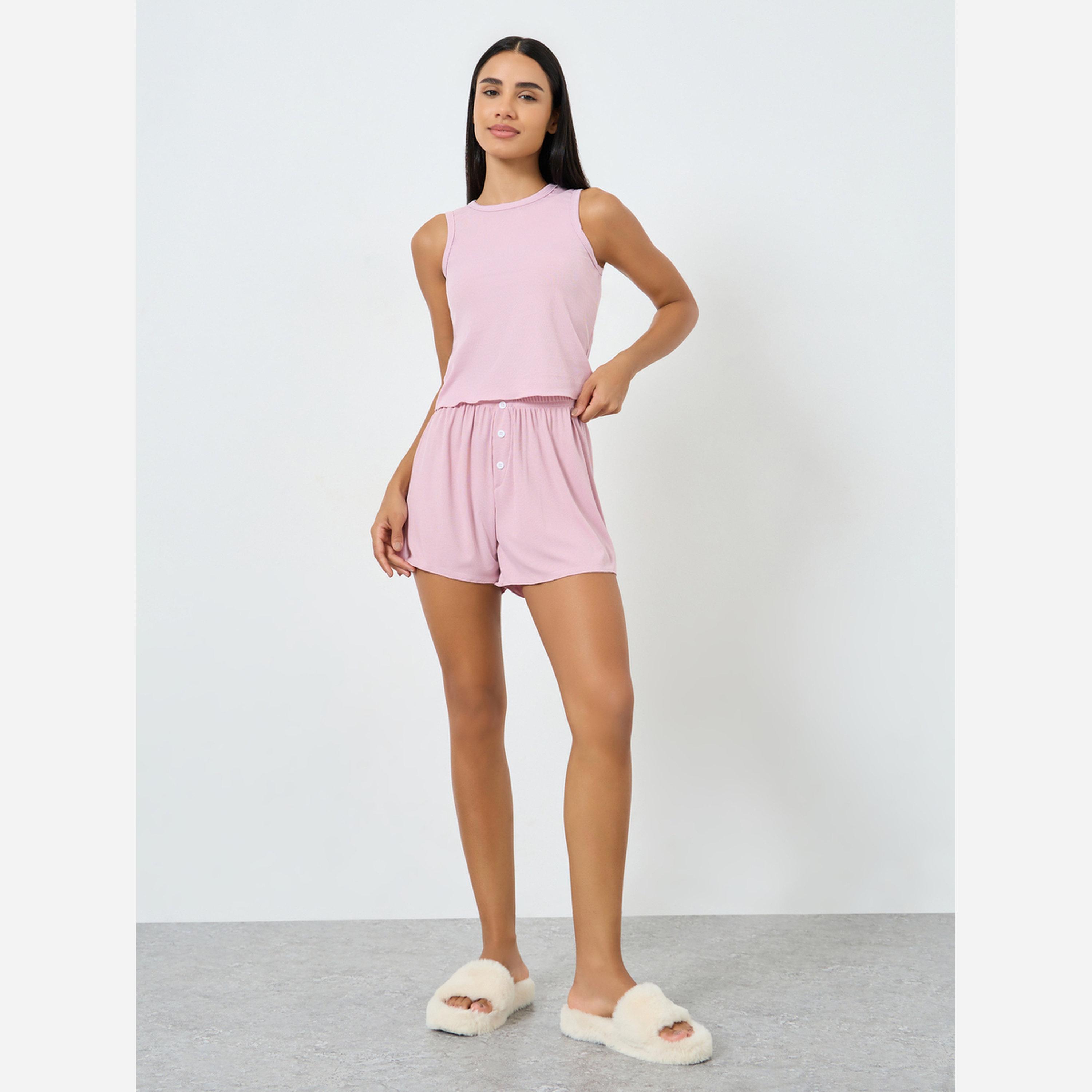 Styli Lettuce Hem Tank Top and Shorts Set-women-clothing-nightwear-pyjamas-shortsets-image-1